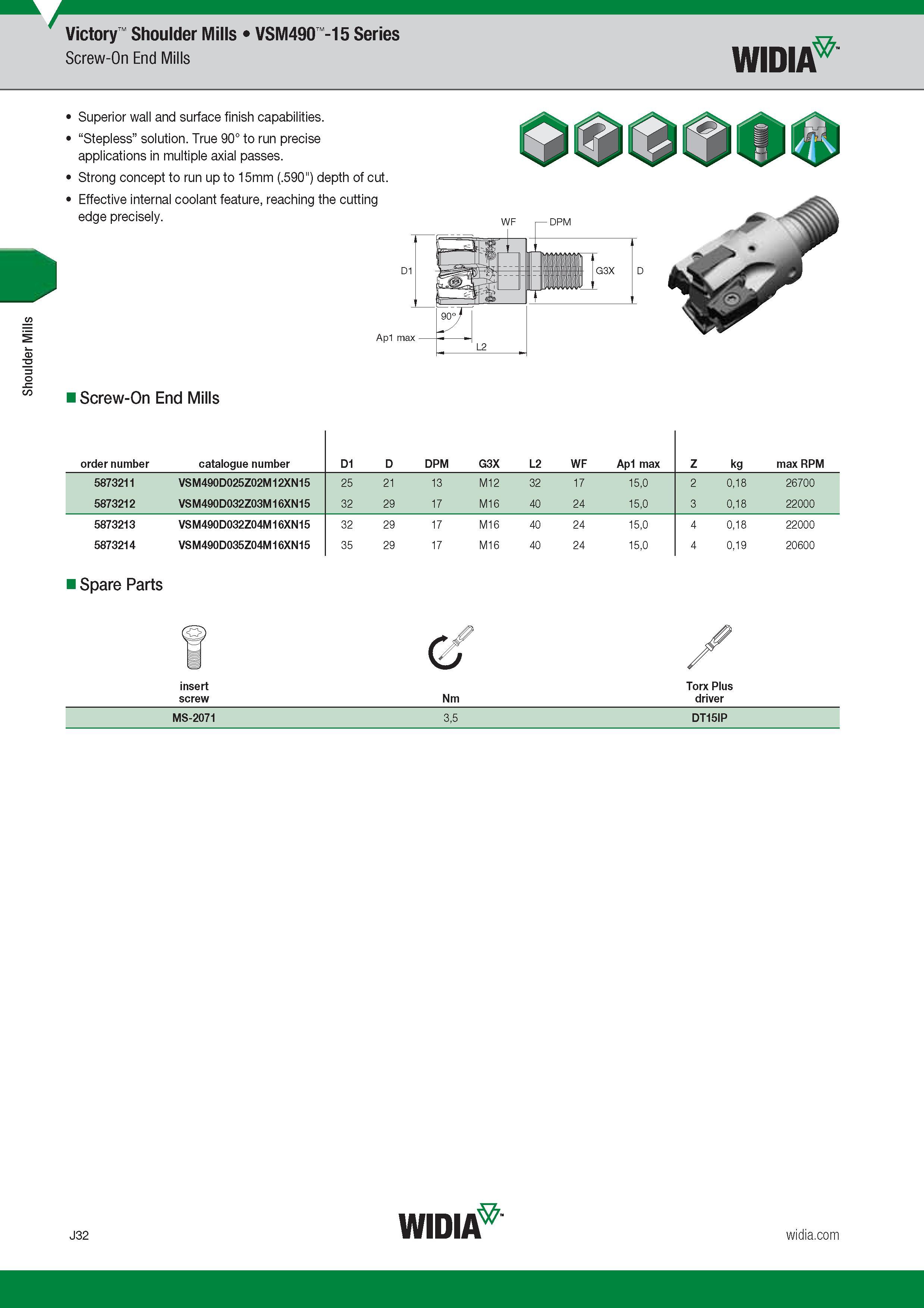 840 Shoulder Mills Widia Victory VSM490 -15 Series Screw-On End Mills Superior wall and surface finish capabilities Stepless solution True 90° to run p Каталог WIDIA 2017 Металлорежущий инструмент Стационарный и вращающийся для металлообрабатывающих станков и оборудования Стр. J32 ENG