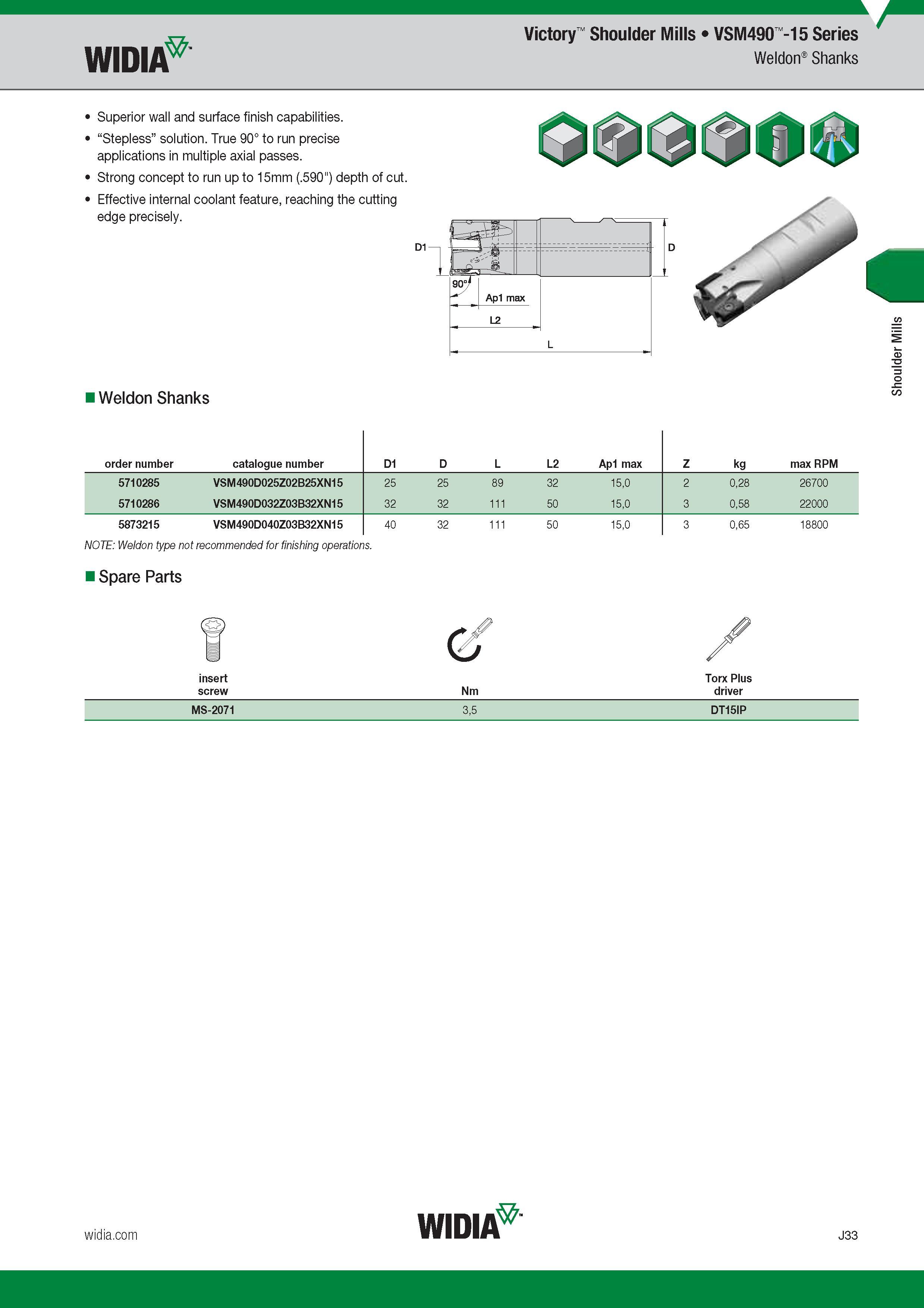 841 Shoulder Mills Widia Victory VSM490 -15 Series Weldon Shanks Superior wall and surface finish capabilities Stepless solution True 90° to run precis Каталог WIDIA 2017 Металлорежущий инструмент Стационарный и вращающийся для металлообрабатывающих станков и оборудования Стр. J33 ENG