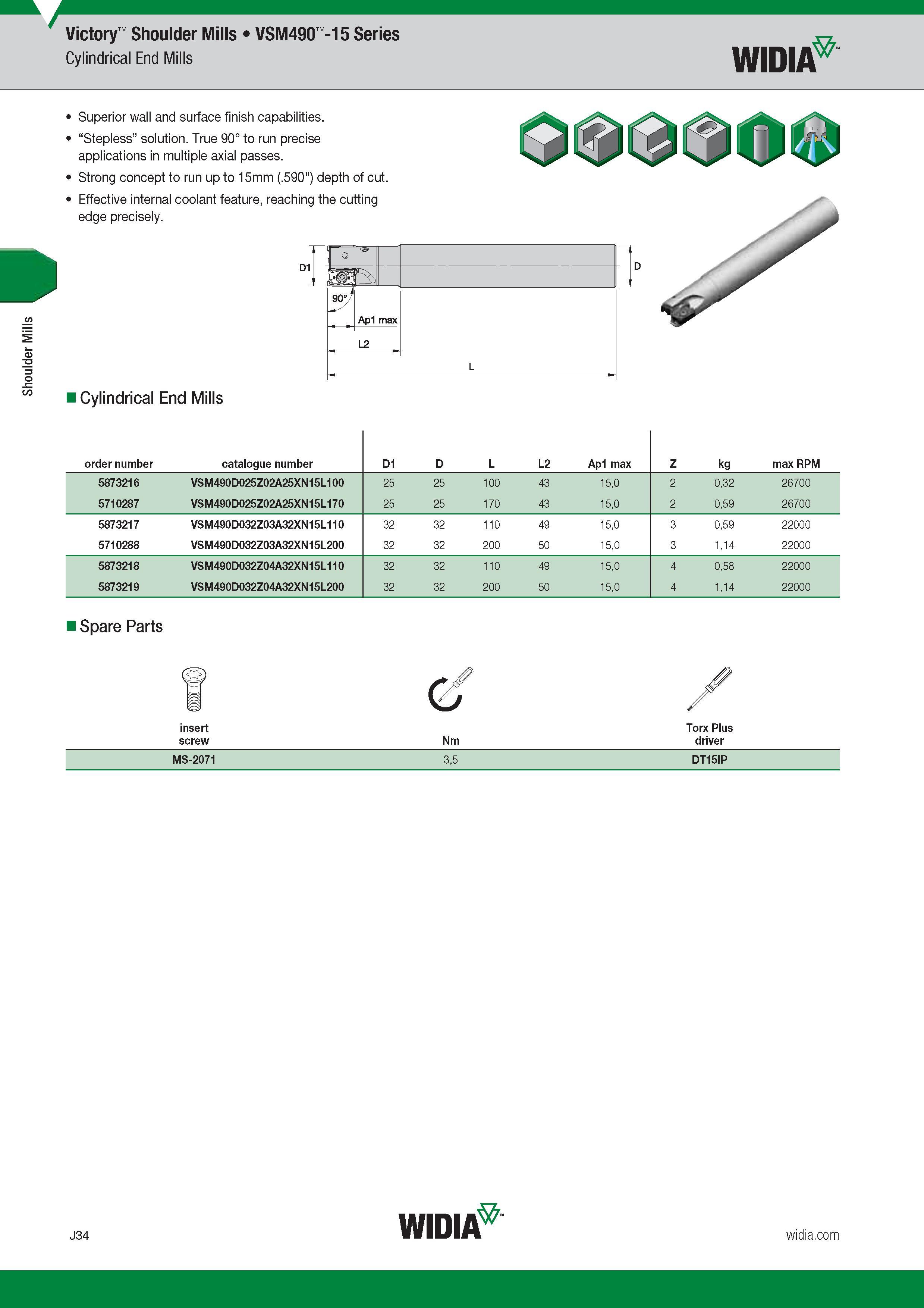 842 Shoulder Mills Victory Widia VSM490 -15 Series Cylindrical End Mills Superior wall and surface finish capabilities Stepless solution True 90° to ru Каталог WIDIA 2017 Металлорежущий инструмент Стационарный и вращающийся для металлообрабатывающих станков и оборудования Стр. J34 ENG