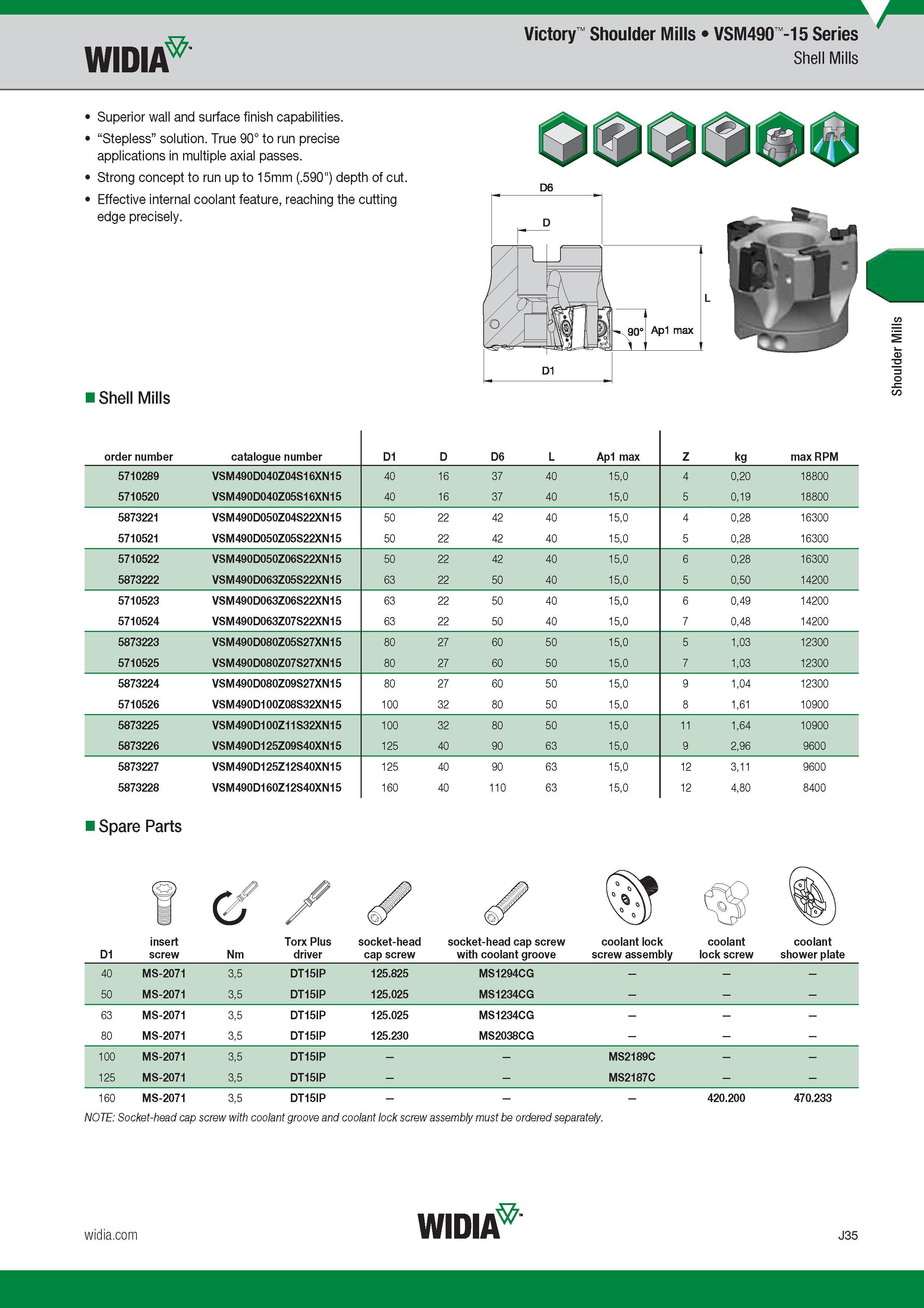 843 Shoulder Mills Widia Victory VSM490 -15 Series Shell Mills Superior wall and surface finish capabilities Stepless solution True 90° to run precise Каталог WIDIA 2017 Металлорежущий инструмент Стационарный и вращающийся для металлообрабатывающих станков и оборудования Стр. J35 ENG