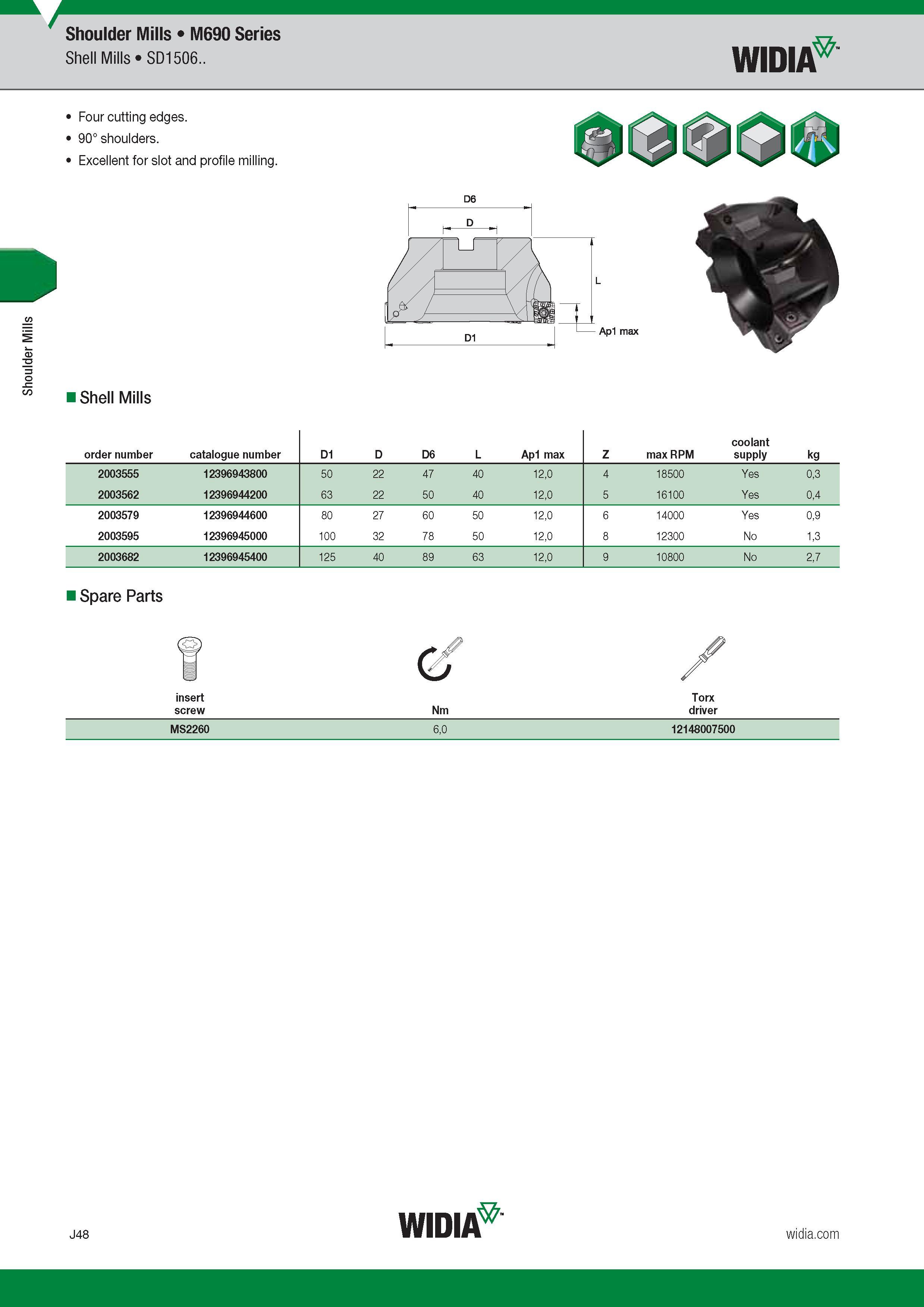 856 Shoulder Mills Shoulder Mills M690 Series Shell Mills SD1506 Widia Four cutting edges 90° shoulders Excellent for slot and profile milling D6 Shell Каталог WIDIA 2017 Металлорежущий инструмент Стационарный и вращающийся для металлообрабатывающих станков и оборудования Стр. J48 ENG