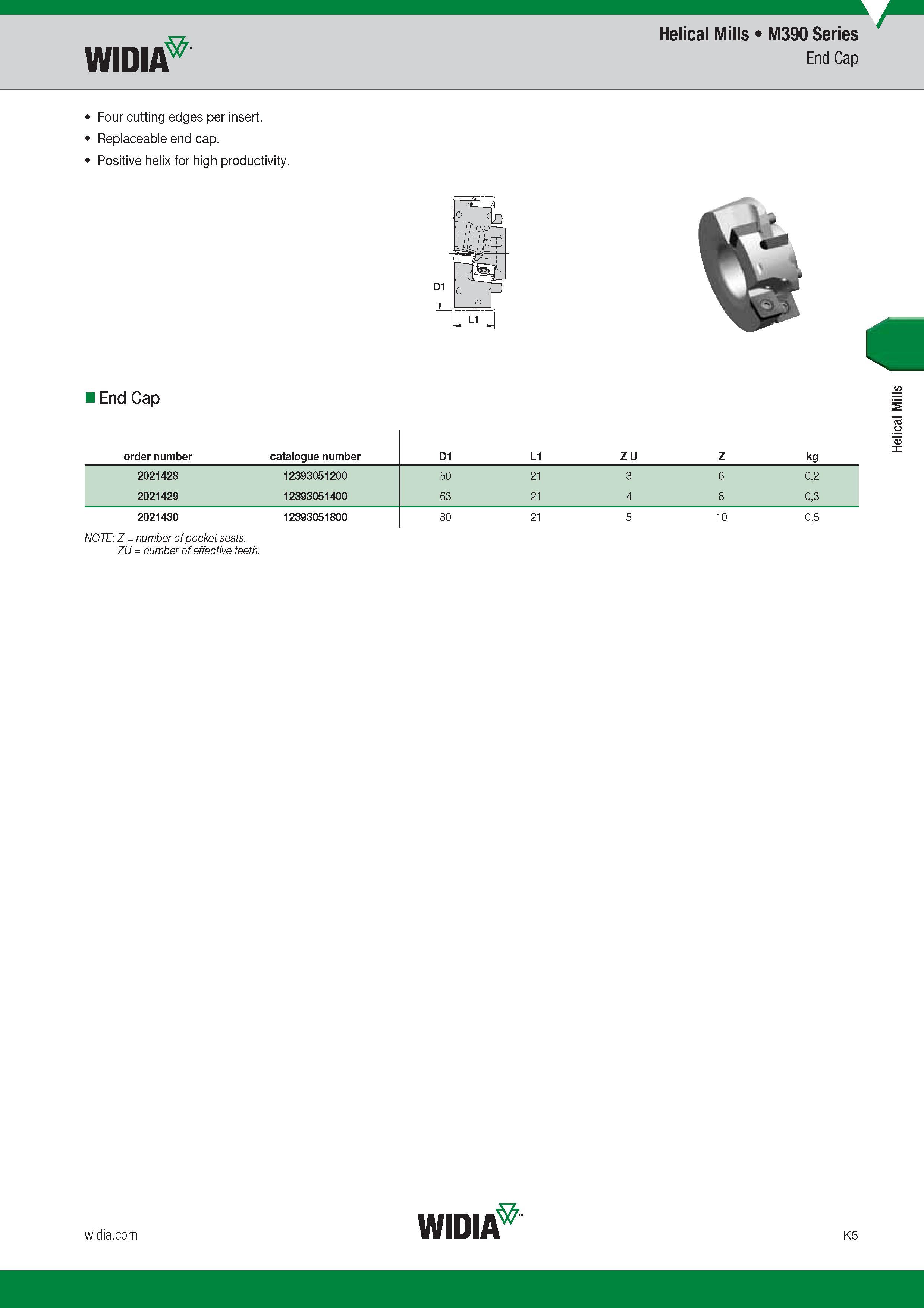 865 End Cap Helical Mills Widia M390 Series Four cutting edges per insert Replaceable end cap Positive helix for high productivity End Cap order number Каталог WIDIA 2017 Металлорежущий инструмент Стационарный и вращающийся для металлообрабатывающих станков и оборудования Стр. K5 ENG