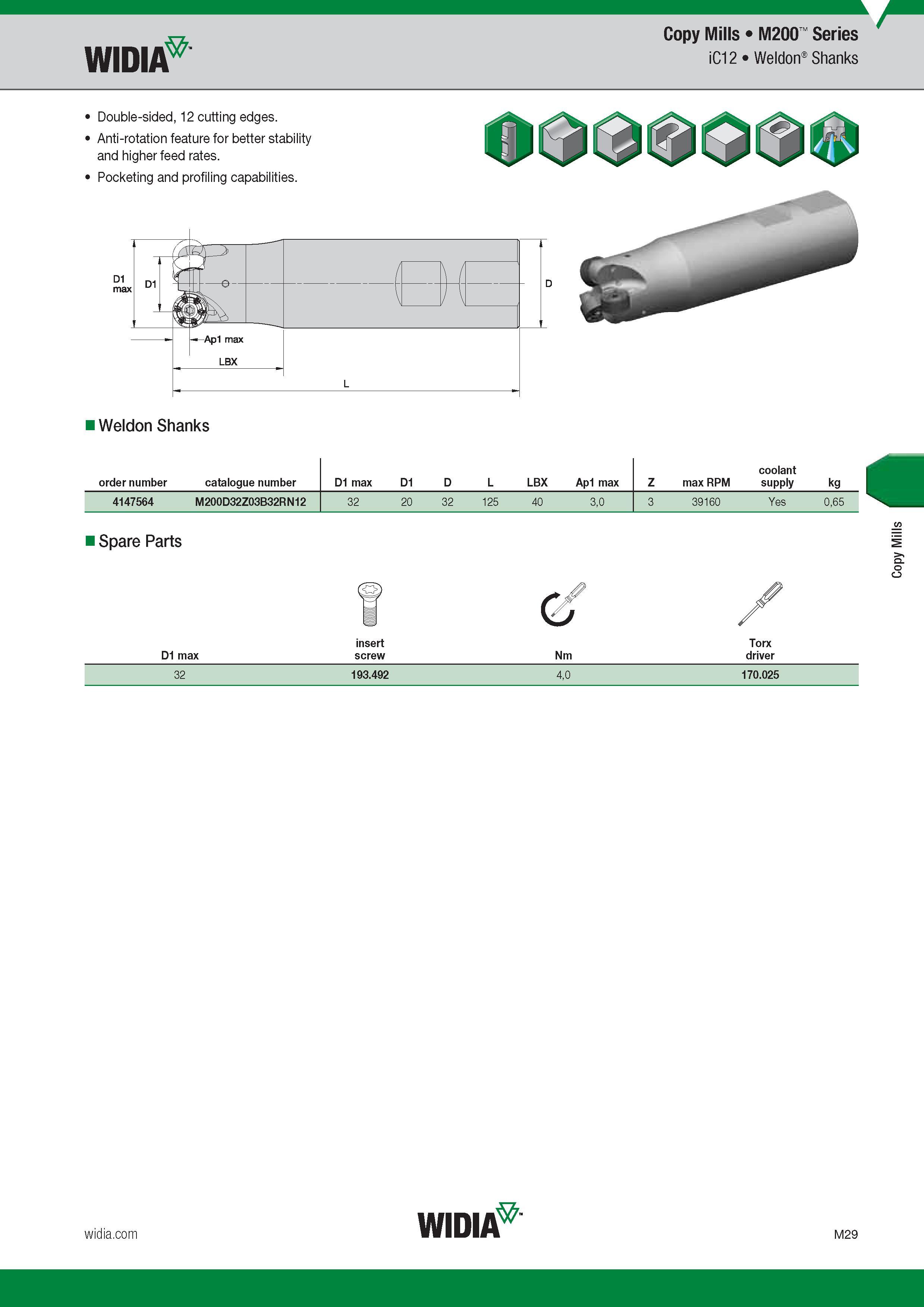 933 Widia Copy Mills M200 Series iC12 Weldon Shanks Double-sided, 12 cutting edges Anti-rotation feature for better stability and higher feed rates Poc Каталог WIDIA 2017 Металлорежущий инструмент Стационарный и вращающийся для металлообрабатывающих станков и оборудования Стр. M29 ENG