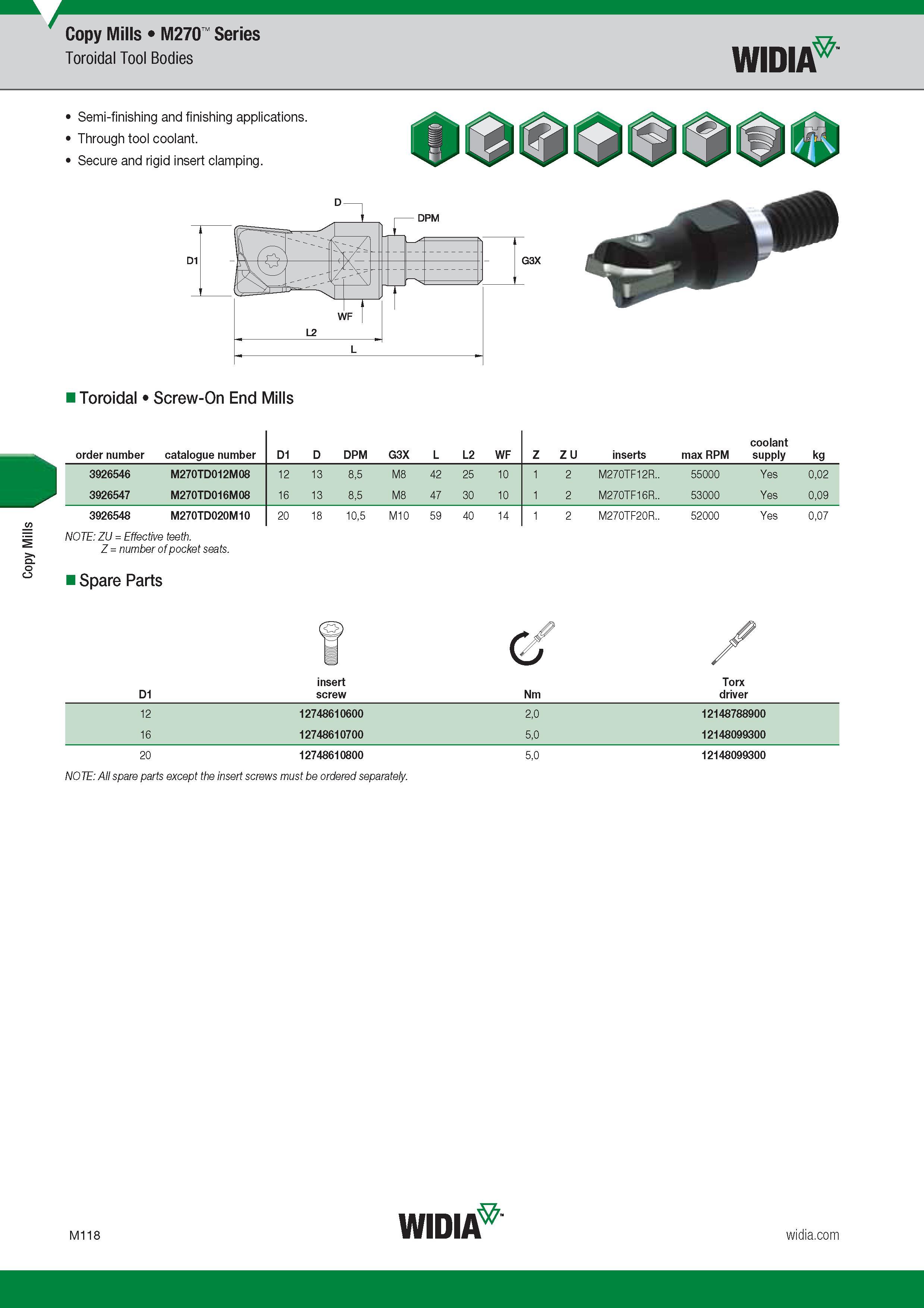 1022 Copy Mills Widia M270 Series Toroidal Tool Bodies Semi-finishing and finishing applications Through tool coolant Secure and rigid insert clamping T Каталог WIDIA 2017 Металлорежущий инструмент Стационарный и вращающийся для металлообрабатывающих станков и оборудования Стр. M118 ENG