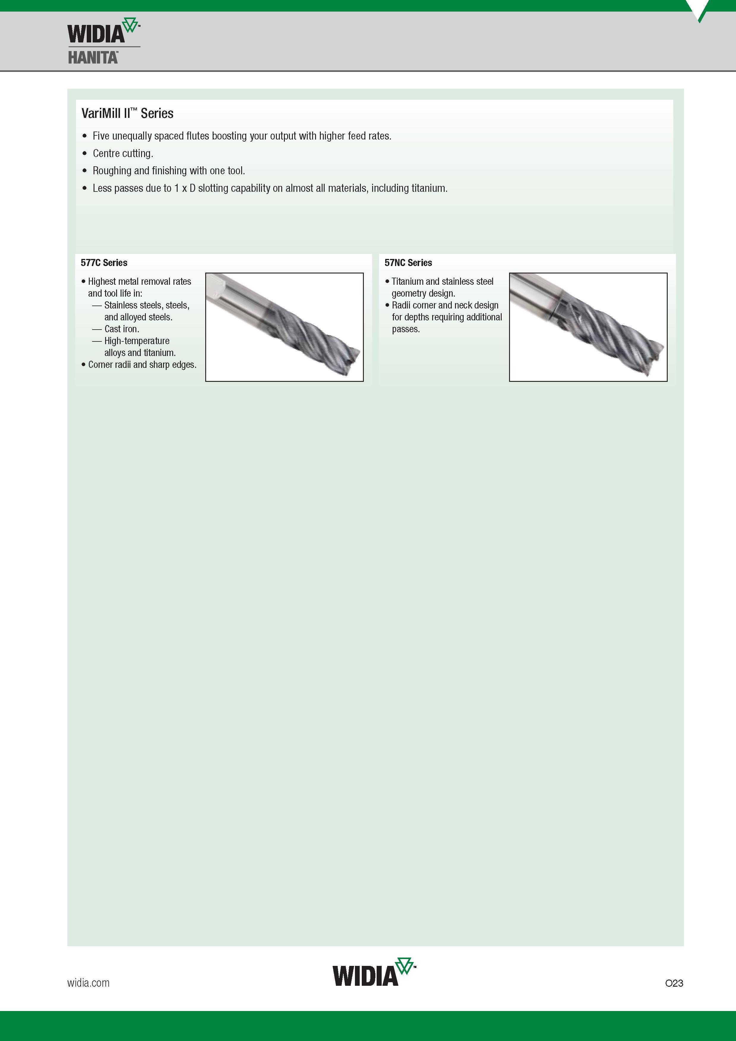 1083 Widia Hanita VariMill II Series Five unequally spaced flutes boosting your output with higher feed rates Centre cutting Roughing and finishing with Каталог WIDIA 2017 Металлорежущий инструмент Стационарный и вращающийся для металлообрабатывающих станков и оборудования Стр. O23 ENG