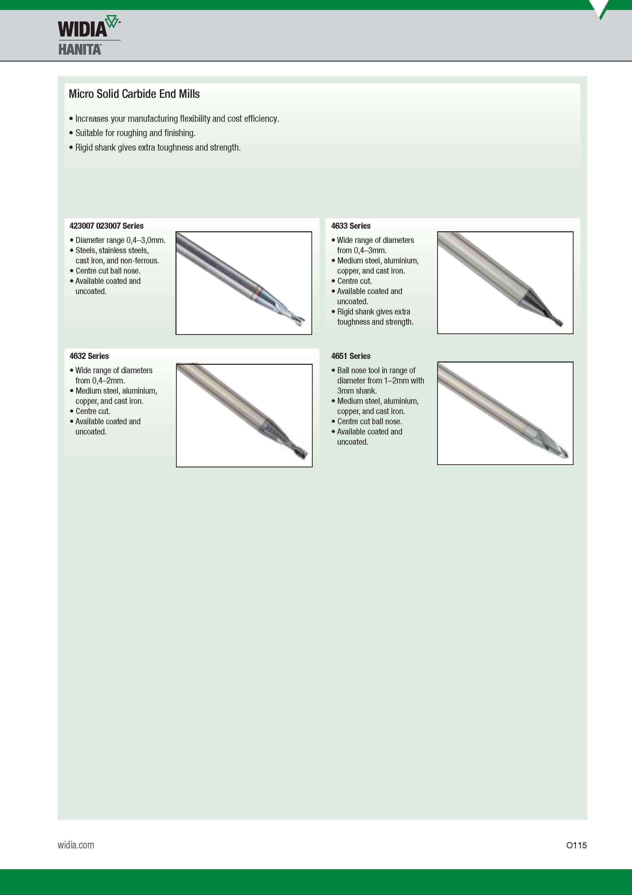1175 Micro Solid Carbide End Mills Widia Hanita Increases your manufacturing flexibility and cost efficiency Suitable for roughing and finishing Rigid s Каталог WIDIA 2017 Металлорежущий инструмент Стационарный и вращающийся для металлообрабатывающих станков и оборудования Стр. O115 ENG