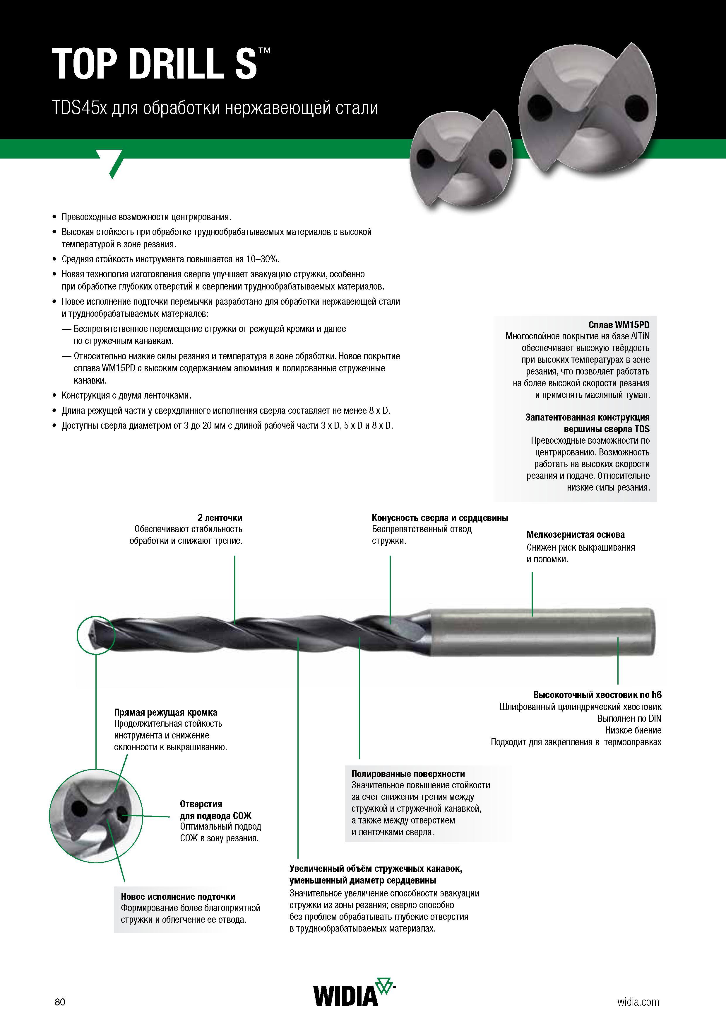82 Цельные твердосплавные сверла Widia TOP DRILL S TDS45 Технические характеристики Превосходные возможности центрирования режущего инструмента Высо Каталог WIDIA 2018 Новый металлорежущий станочный инструмент для фрезерования и сверления Твердосплавные концевые фрезы Сменные режущие пластины Сверла Стр. 80