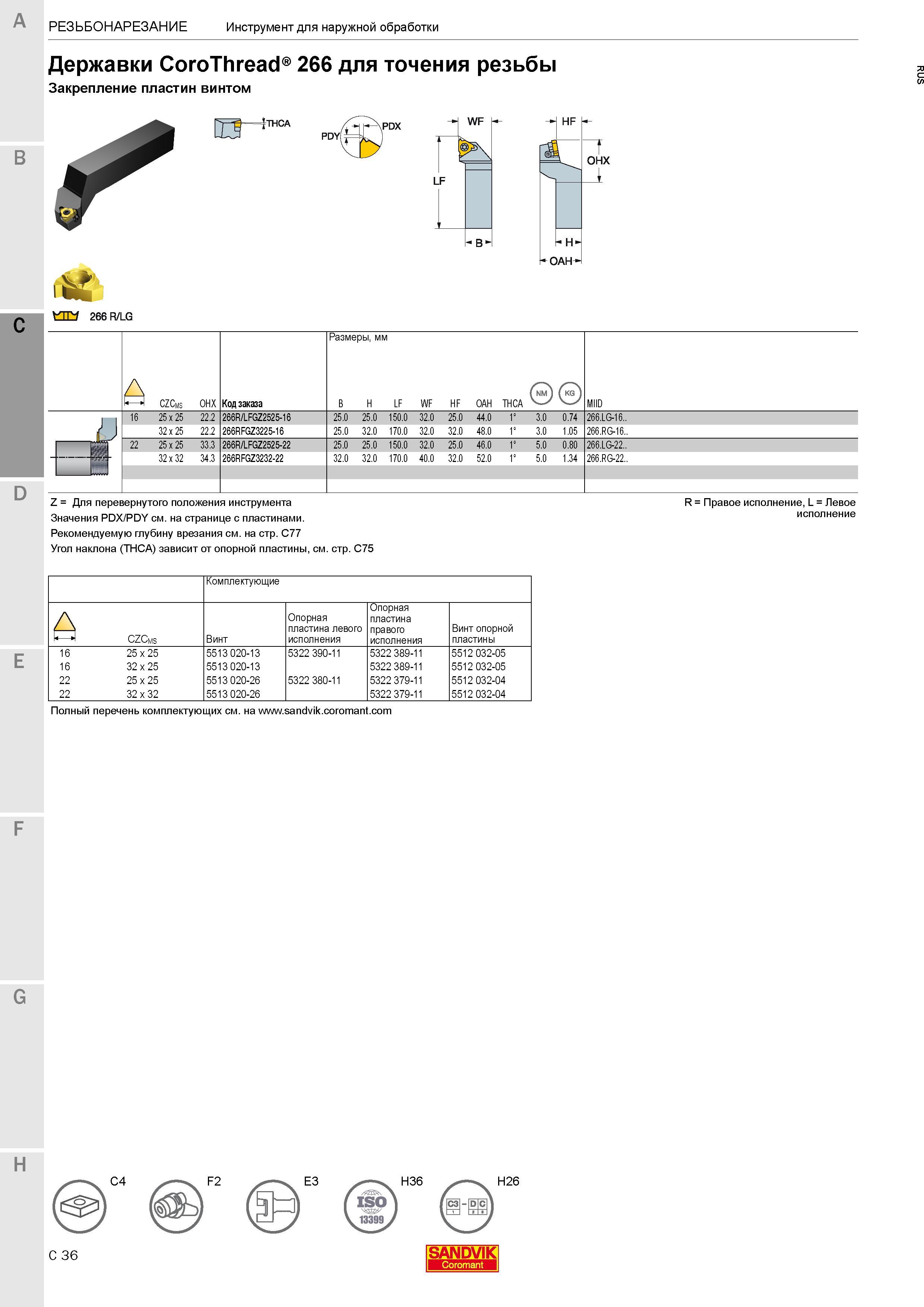 462 Державки Sandvik Coromant CoroThread 266 для точения резьбы Закрепление пластин винтом Общий вид Технические характеристики Обозначение HF Н Н' О Каталог SANDVIK COROMANT 2017 Резцы токарные с режущими сменными пластинами Инструментальная оснастка для металлорежущих станков Стр. C36