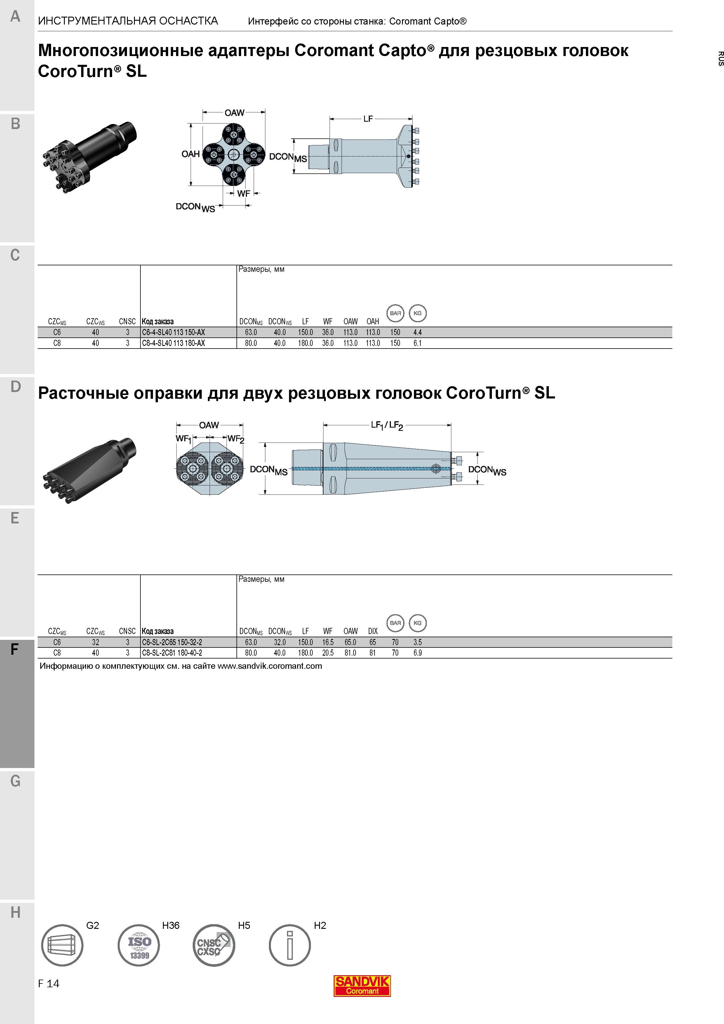 554 Многопозиционные адаптеры Sandvik Coromant Capto для резцовых головок CoroTurn SL OAH Код заказа DCONms DCONws LF WF oaw oah С6 40 3 C6-4-SL40 113 150-AX 63 0 40 0 150 0 36 0 113 0 113 0 150 4 4 С8 40 3 C8-4-SL40 113 180-AX 80 0 40 0 180 0 36 0 113 0 113 Каталог SANDVIK COROMANT 2017 Резцы токарные с режущими сменными пластинами Инструментальная оснастка для металлорежущих станков Стр. F14