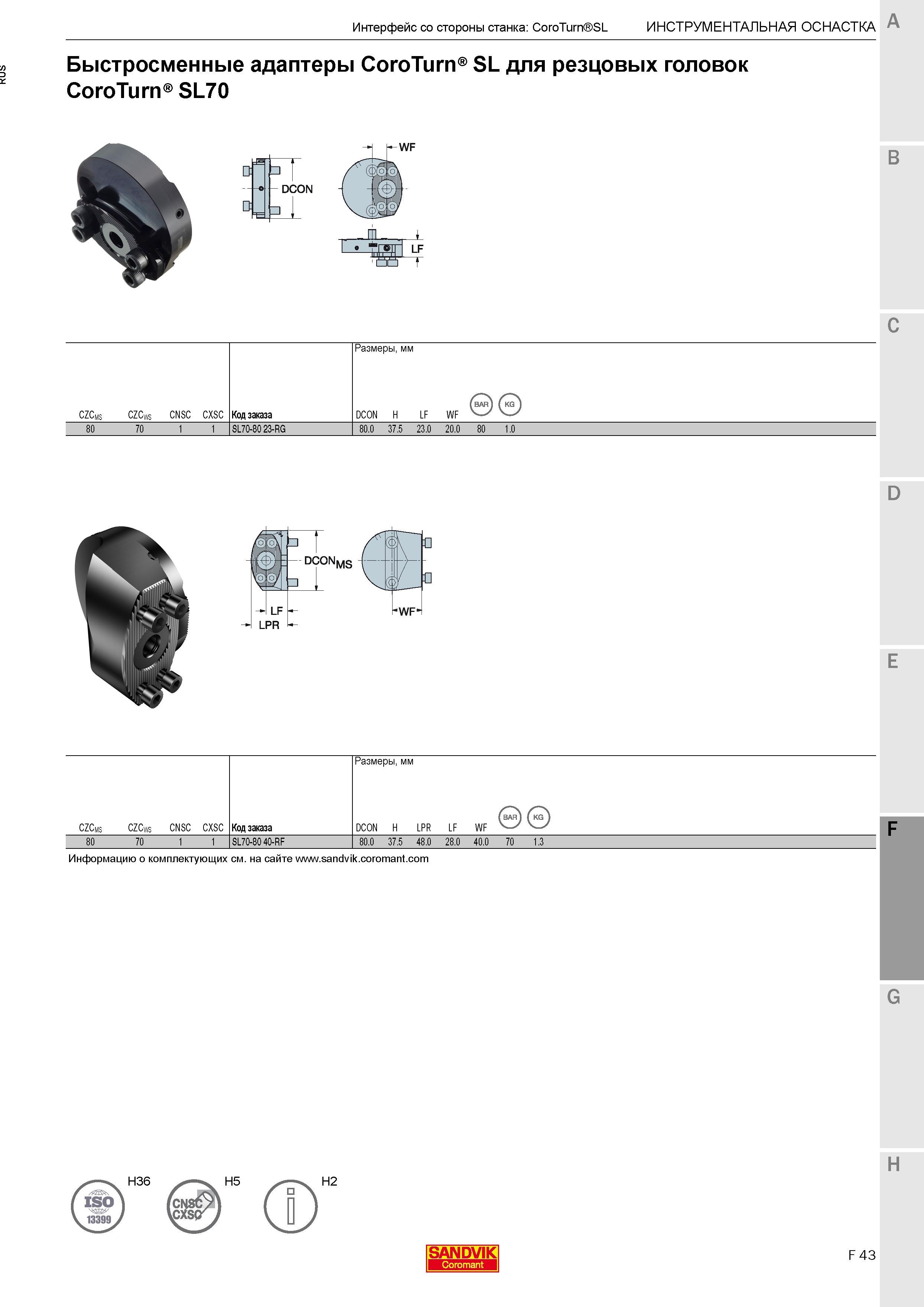 583 Быстросменные адаптеры Sandvik CoroTurn SL для резцовых головок CoroTurn SL70 DCON Общий вид Технические характеристики Обозначение LF T C CZCms Каталог SANDVIK COROMANT 2017 Резцы токарные с режущими сменными пластинами Инструментальная оснастка для металлорежущих станков Стр. F43