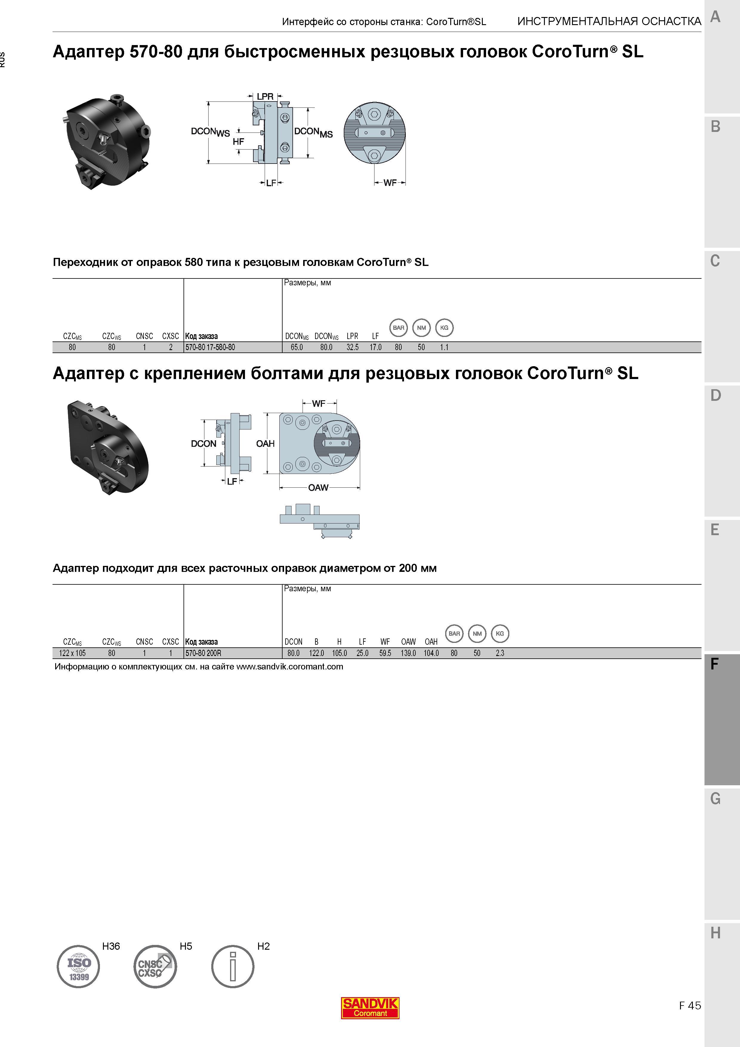 585 Адаптер Sandvik 570-80 для быстросменных резцовых головок CoroTurn SL Переходник от оправок 580 типа к резцовым головкам CoroTurn SL C CZCms CZCw Каталог SANDVIK COROMANT 2017 Резцы токарные с режущими сменными пластинами Инструментальная оснастка для металлорежущих станков Стр. F45