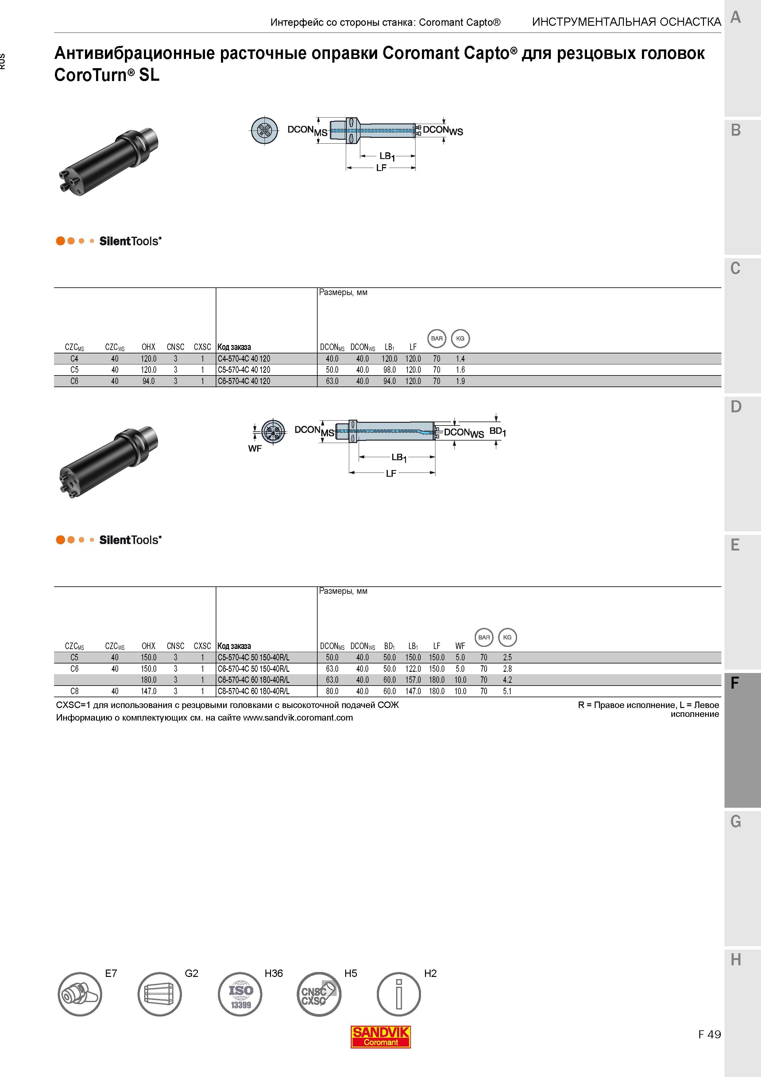 589 Антивибрационные расточные оправки Sandvik SilentTools Coromant Capto для резцовых головок CoroTurn SL C CZCms CZCws OHX CNSC CXSC Код заказа Раз Каталог SANDVIK COROMANT 2017 Резцы токарные с режущими сменными пластинами Инструментальная оснастка для металлорежущих станков Стр. F49