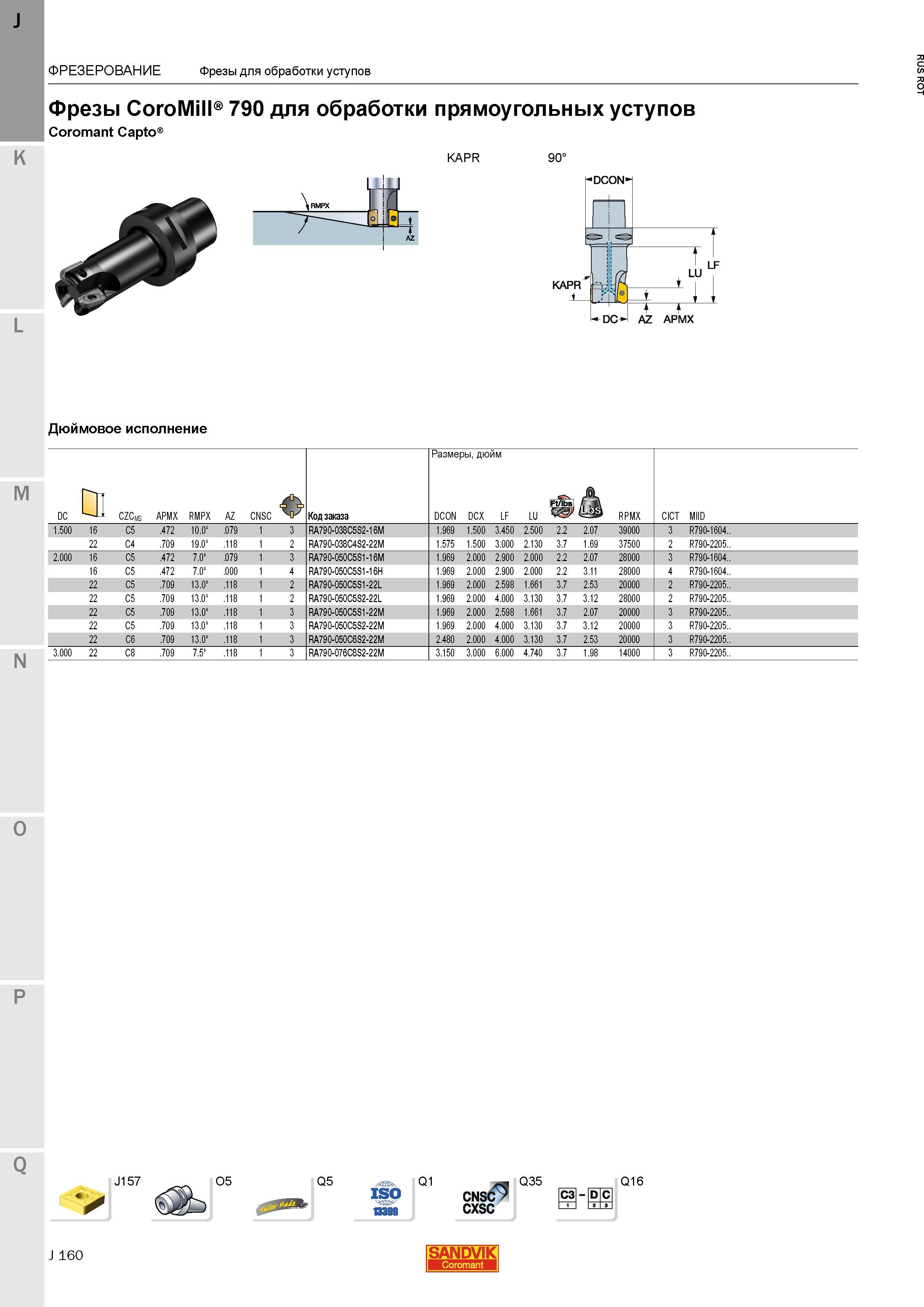 188 Фрезы Sandvik CoroMill 790 для обработки прямоугольных уступов Coromant Capto KAPR 90 Дюймовое исполнение L J157 O5 Q5 Q1 CNSC Q35 C3l-D С cxsc Каталог SANDVIK COROMANT 2015 Металлорежущие вращающиеся инструменты и станочная инструментальная оснастка Стр. J160