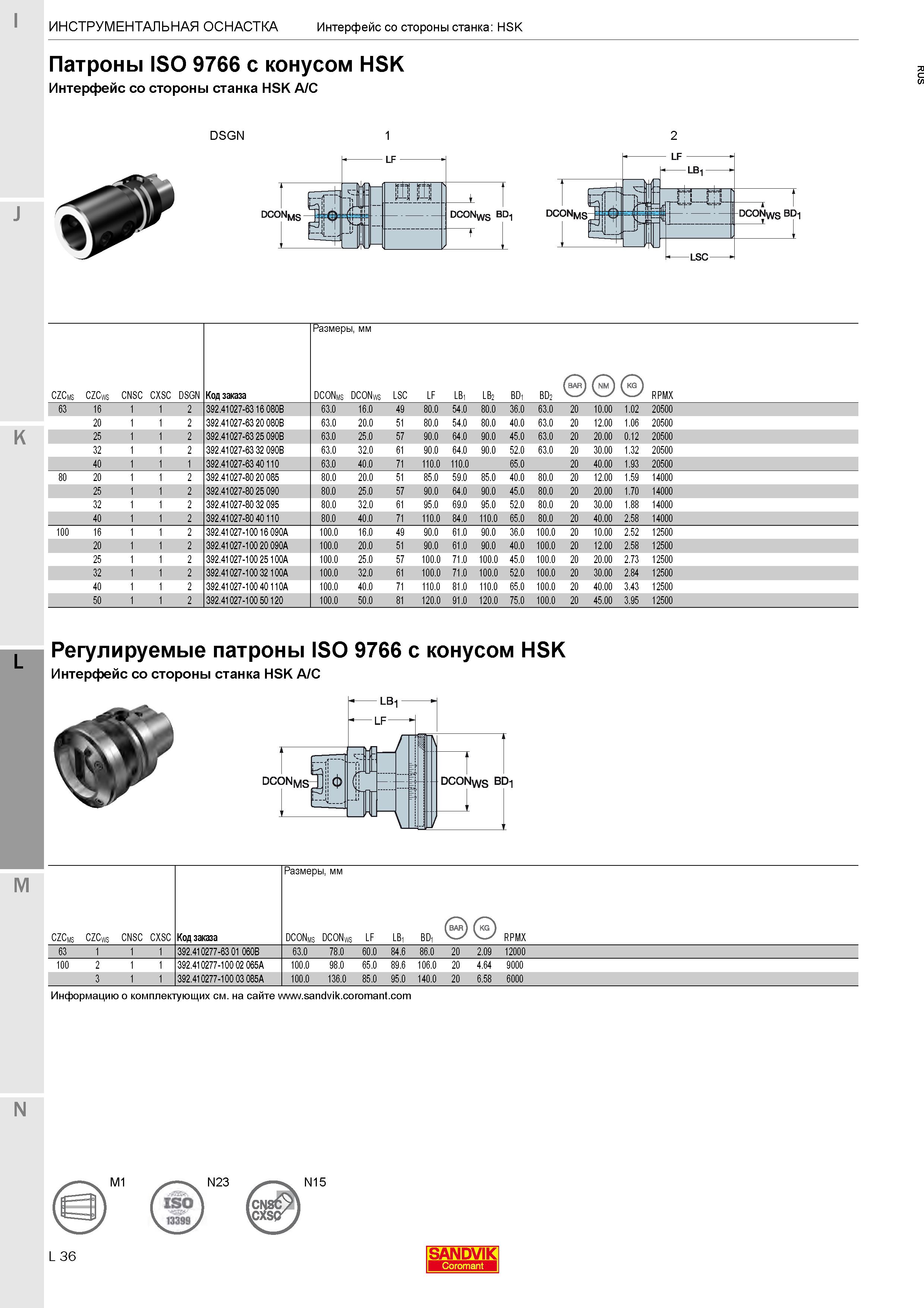 386 Станочные патроны ISO 9766 с конусом HSK Каталог SANDVIK COROMANT 2020 Фрезы и сверла с СМП Расточной инструмент Принадлежности и оснастка для станков Стр. L36