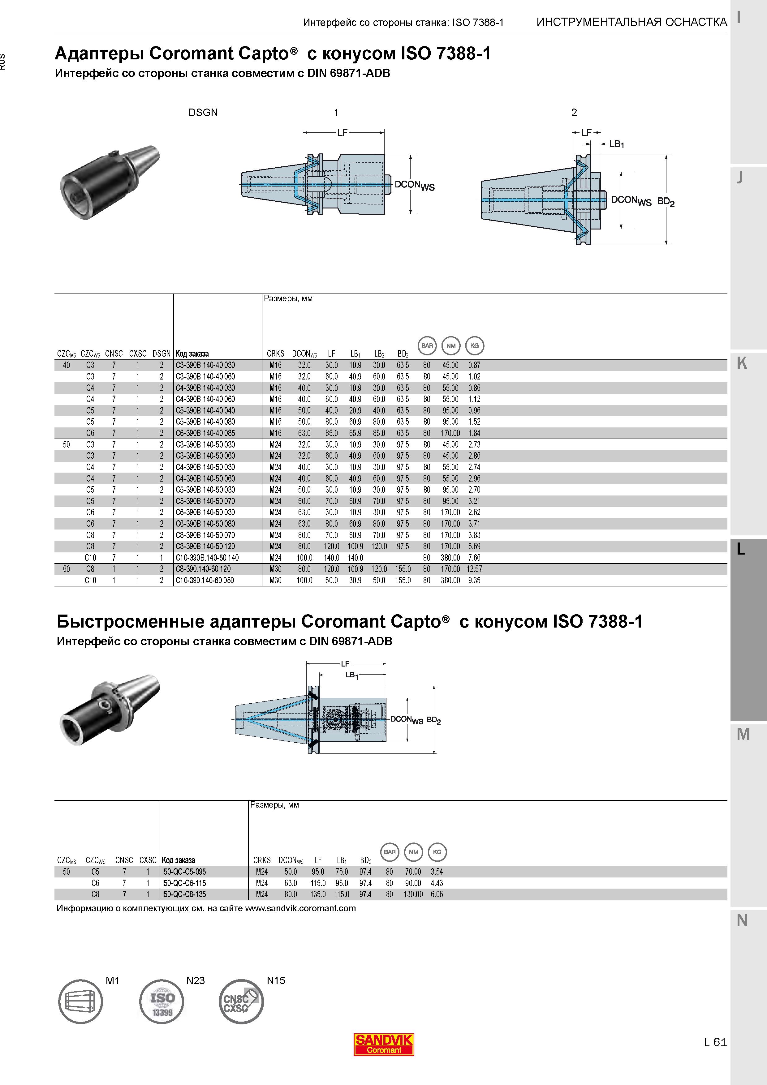 411 Адаптеры Coromant Capto с конусом ISO 7388-1 Интерфейс со стороны станка совместим с DIN 69871-ADB Вспомогательный инструмент для станков по металлу Каталог SANDVIK COROMANT 2020 Фрезы и сверла с СМП Расточной инструмент Принадлежности и оснастка для станков Стр. L61