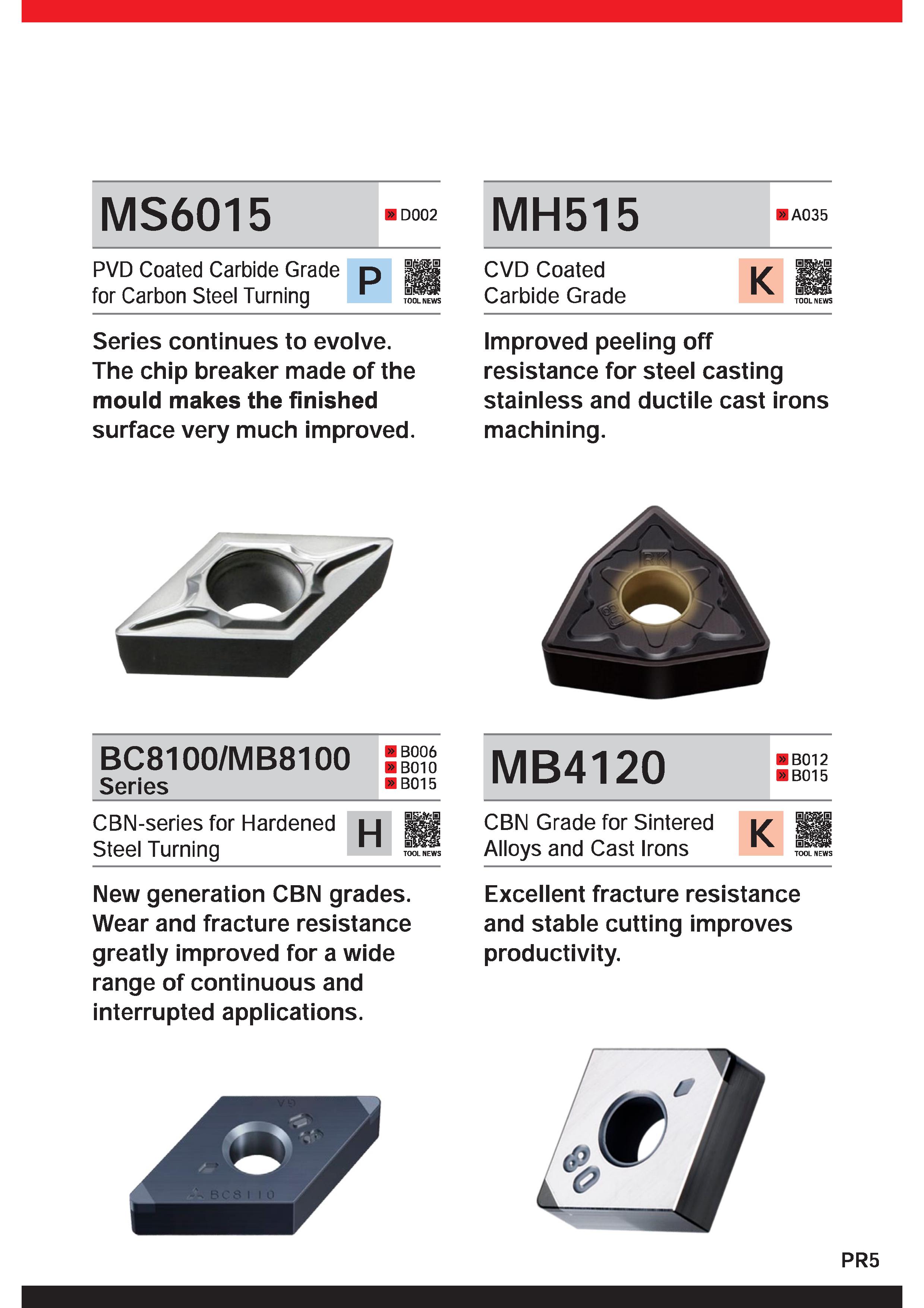 7 MS6015 D002 PVD Coated Carbide Grade for Carbon Steel Turning P TOOL NEWS Series continues to evolve The chip breaker made of the mould makes the Каталог MITSUBISHI 2020 Режущий инструмент для станков по металлу Фрезы концевые монолитные из твердого сплава и сборные со сменными режущими пластинами Резцы Сверла Стр. PR5