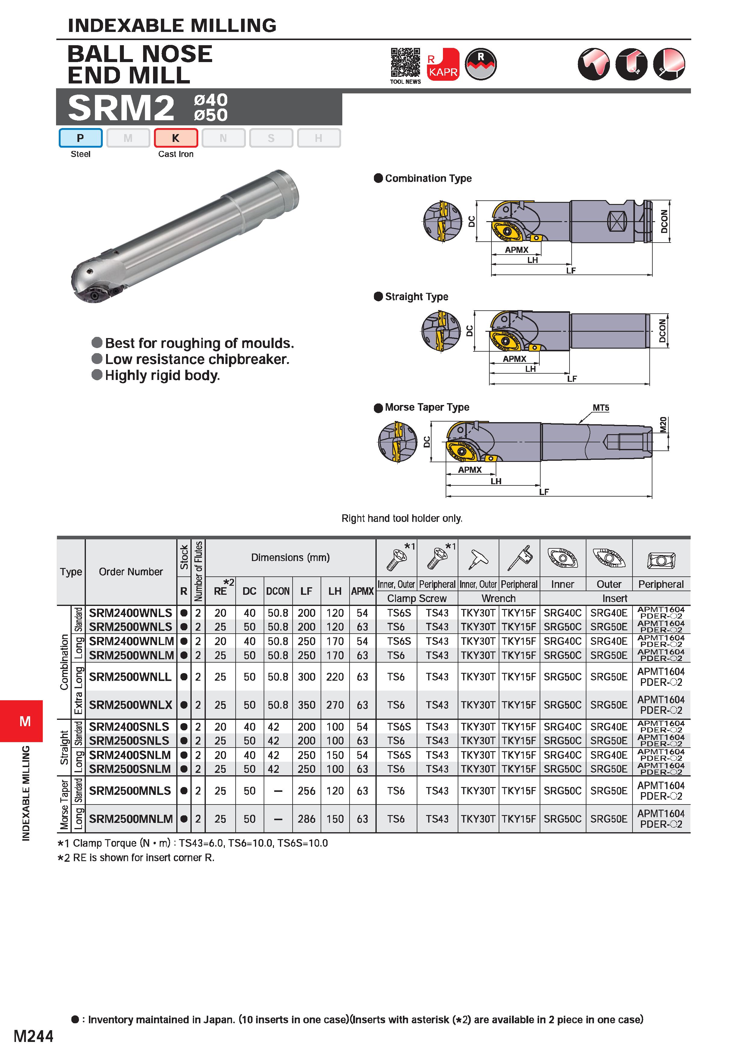 1400 INDEXABLE MILLING INDEXABLE MILLING BALL NOSE END MILL SRM2 S£ co Steel Cast Iron Best for roughing of moulds > Low resistance chipbreaker 'Highl Каталог MITSUBISHI 2020 Режущий инструмент для станков по металлу Фрезы концевые монолитные из твердого сплава и сборные со сменными режущими пластинами Резцы Сверла Стр. M244