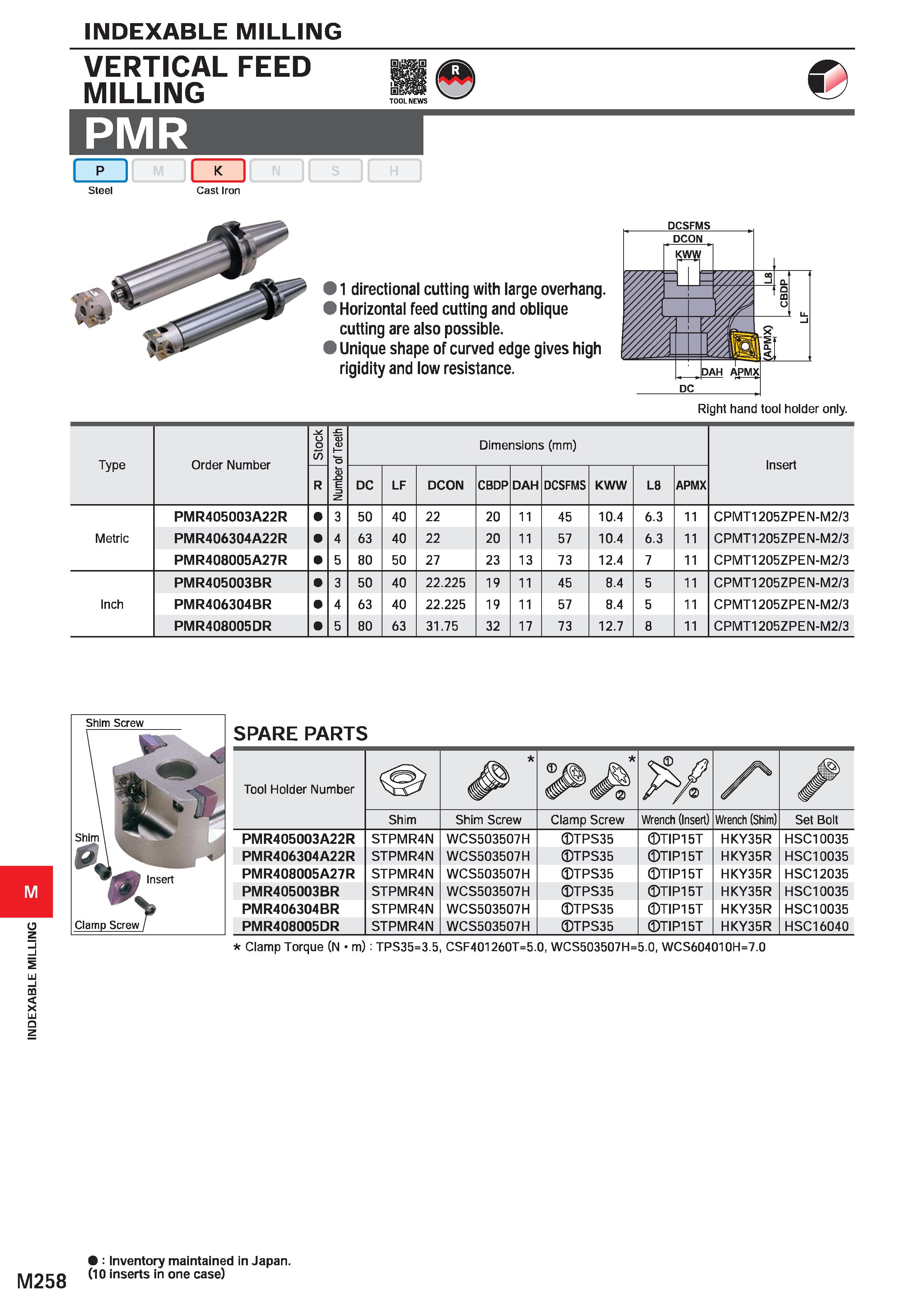 1414 INDEXABLE MILLING VERTICAL FEED MILLING PMR Steel M mt Cast Iron BS TOOL NEWS 11 directional cutting with large overhang I Horizontal feed cuttin Каталог MITSUBISHI 2020 Режущий инструмент для станков по металлу Фрезы концевые монолитные из твердого сплава и сборные со сменными режущими пластинами Резцы Сверла Стр. M258