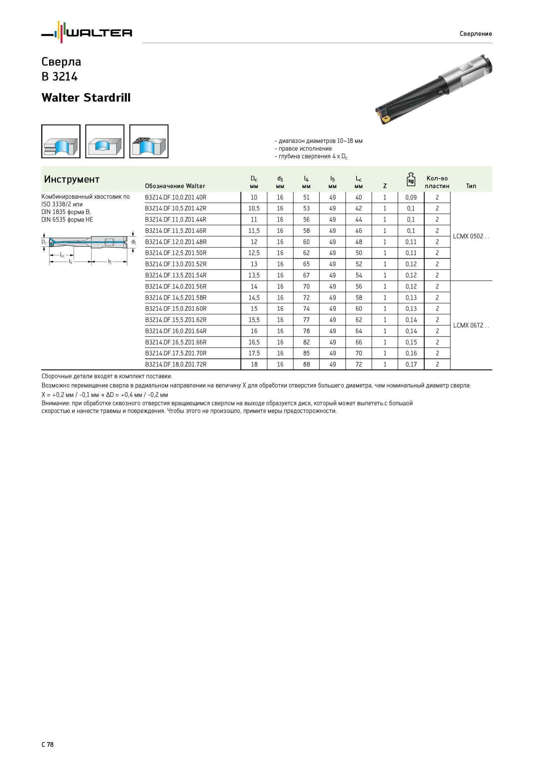 808 Сверла Walter B 3214 Walter Stardrill Комбинированный хвостовик по ISO 3338/2 или DIN 1835 форма B, DIN 6535 форма HE диапазон диаметров 10-18 мм правое испол Каталог WALTER 2012 Режущий инструмент и инструментальная оснастка Стр. C78
