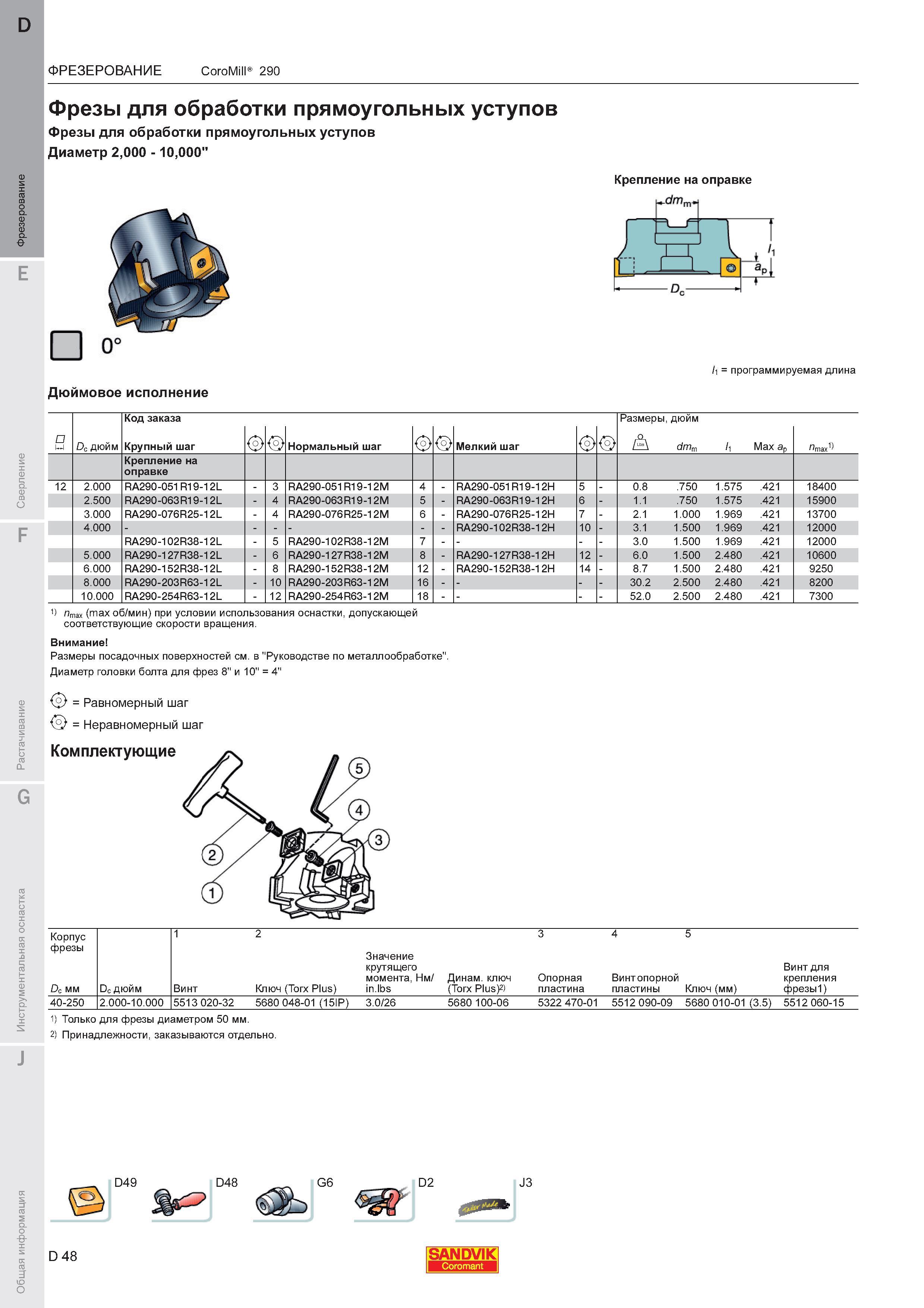 52 Фрезы Sandvik Coromant CoroMill 290 для обработки прямоугольных уступов Диаметр 2,000 - 10,000 Крепление на оправке Программируемая длина Дюйм Каталог SANDVIK COROMANT 2011 Вращающийся металлорежущий инструмент и инструментальная оснастка для металлообрабатывающего оборудования Стр. D48