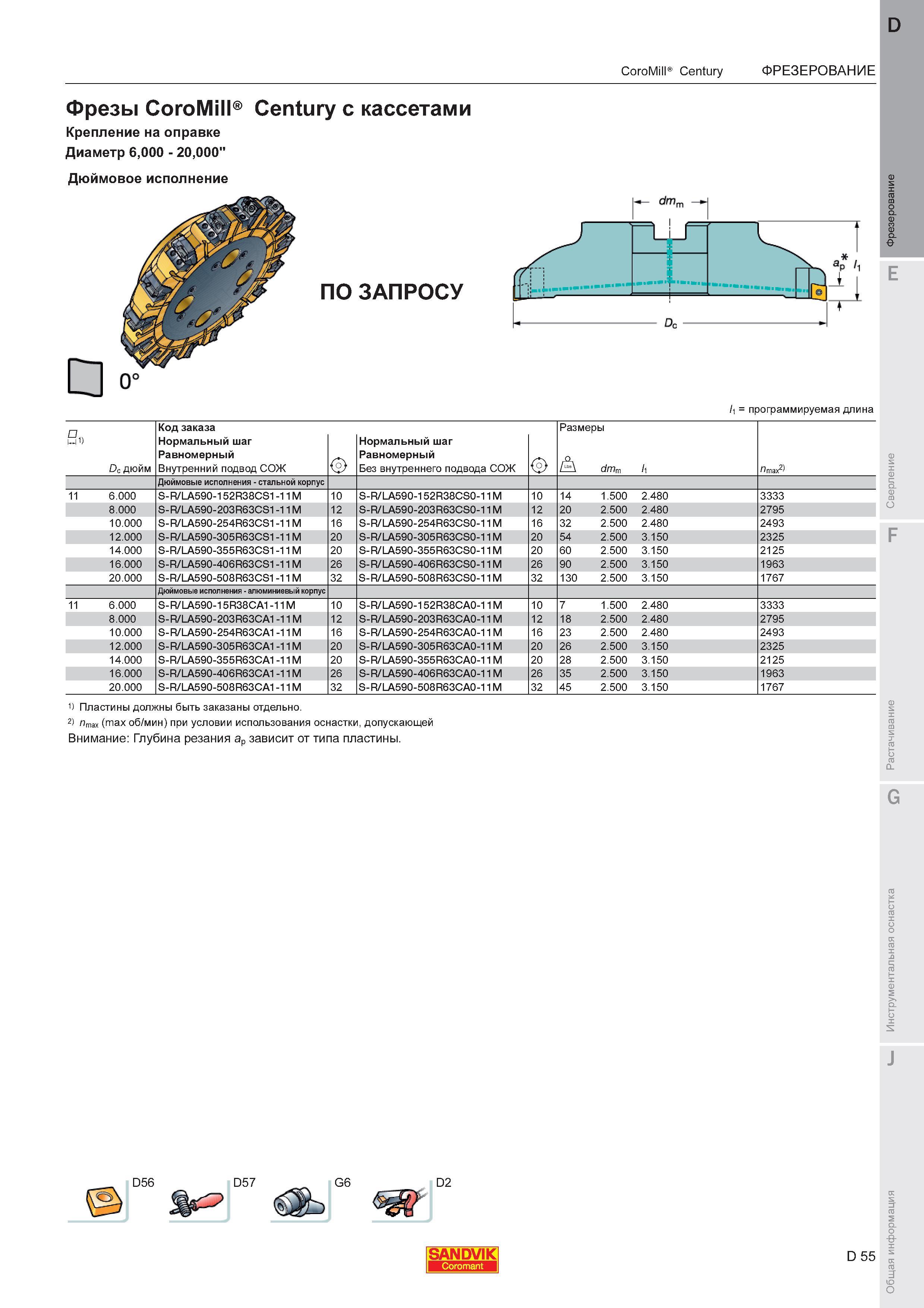59 Фрезы Sandvik CoroMill Century с кассетами Крепление на оправке Диаметр 6000 - 20000 Дюймовое исполнение ПО ЗАПРОСУ Программируемая длина UD D Каталог SANDVIK COROMANT 2011 Вращающийся металлорежущий инструмент и инструментальная оснастка для металлообрабатывающего оборудования Стр. D55
