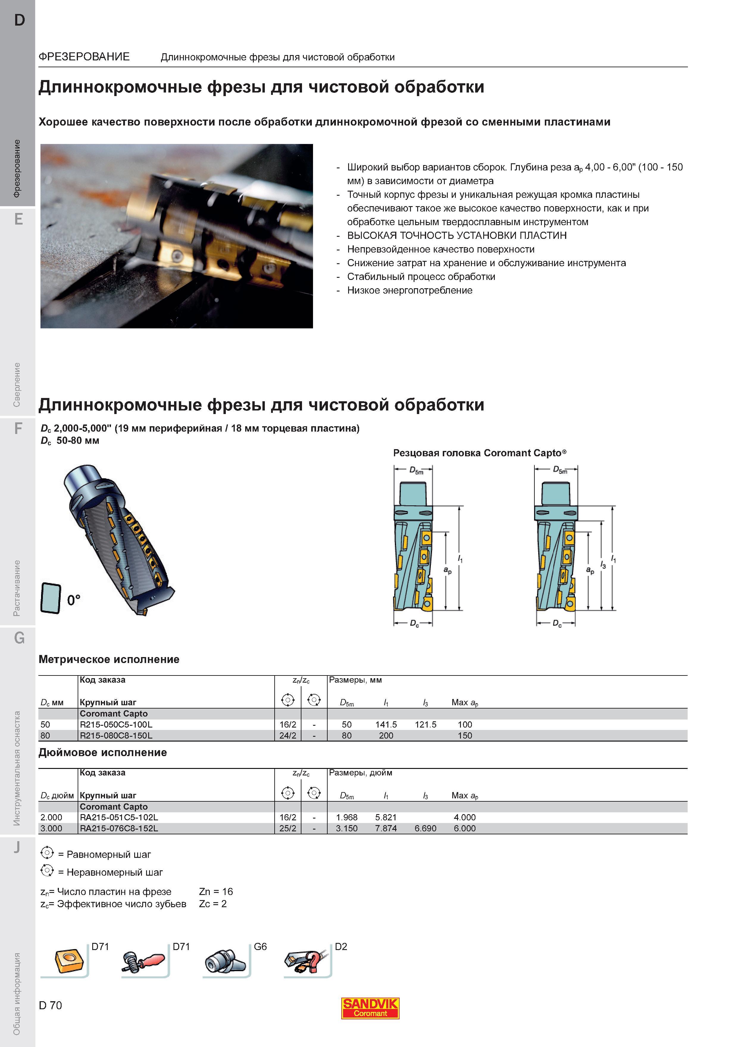 74 Длиннокромочные фрезы Sandvik Coromant с удлиненной наборной режущей кромкой для чистовой обработки Хорошее качество поверхности после обработ Каталог SANDVIK COROMANT 2011 Вращающийся металлорежущий инструмент и инструментальная оснастка для металлообрабатывающего оборудования Стр. D70