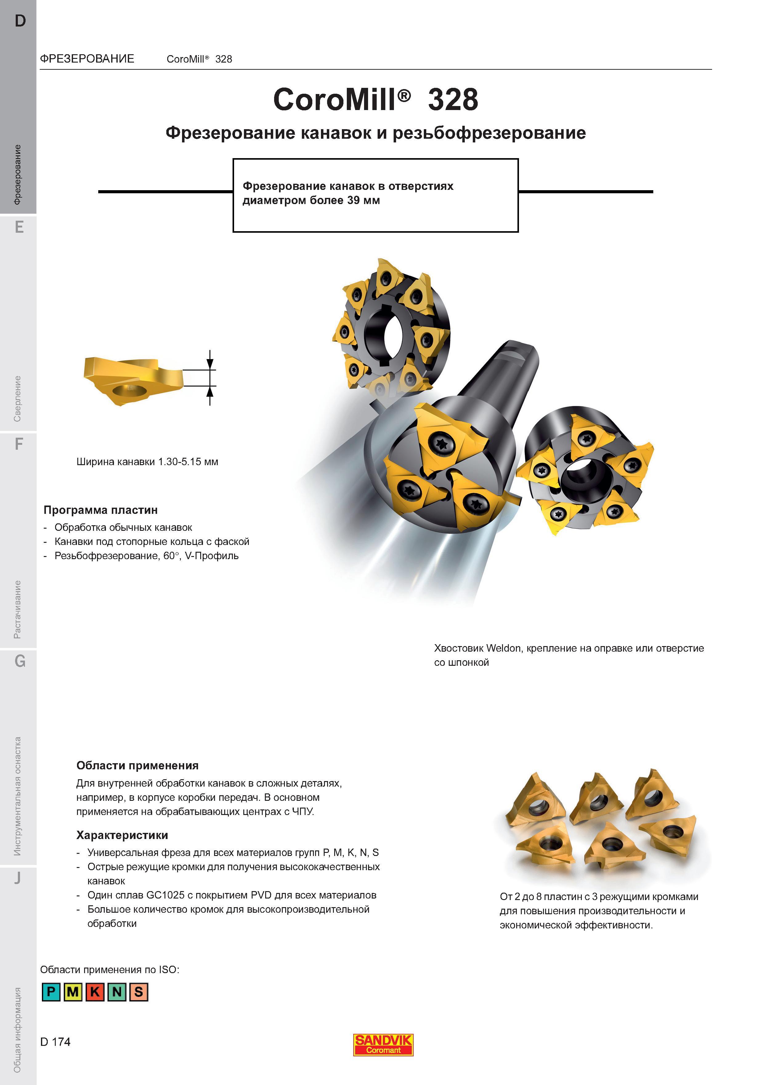 178 Фрезы Sandvik CoroMill 328 для фрезерования внутренних канавок в отверстиях стальных заготовок диаметром более 39 мм Данный шведский фрезерный Каталог SANDVIK COROMANT 2011 Вращающийся металлорежущий инструмент и инструментальная оснастка для металлообрабатывающего оборудования Стр. D174