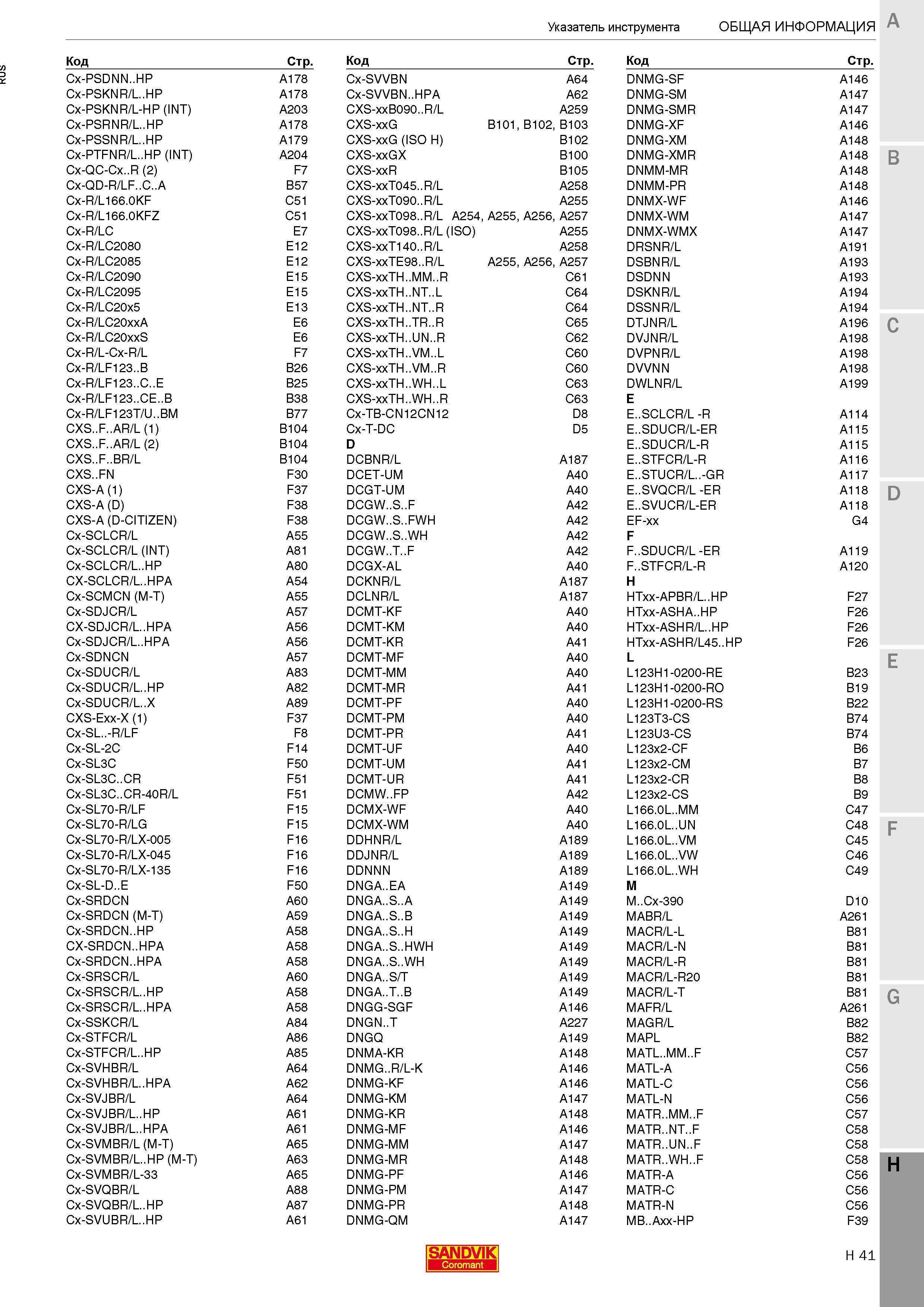 653 Алфавитный поисковый указатель каталога Sandvik Coromant на русском языке Инструмент и технологическая оснастка для токарной обработки на станках Каталог SANDVIK COROMANT 2017 Резцы токарные с режущими сменными пластинами Инструментальная оснастка для металлорежущих станков Стр. H41