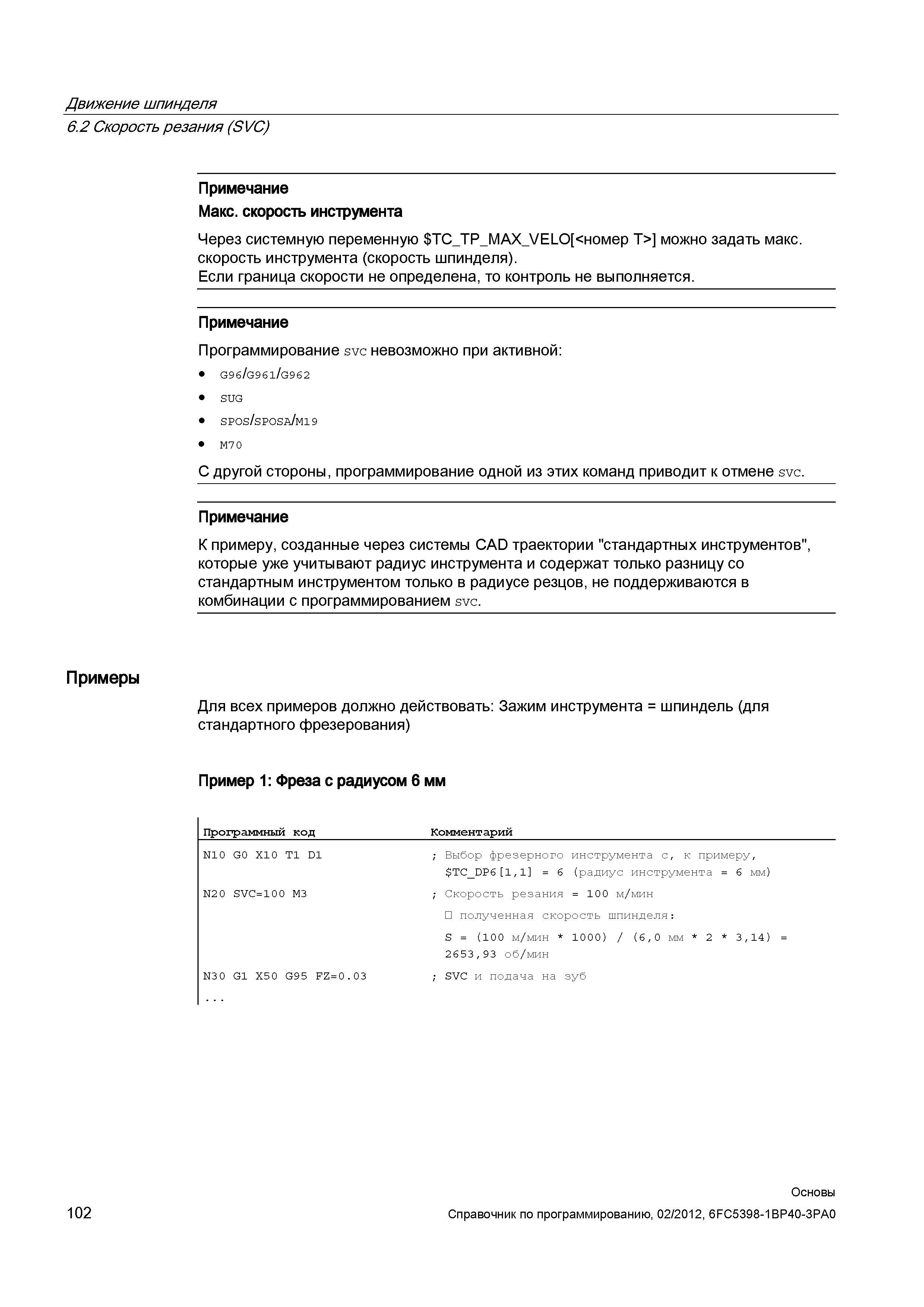 102 Через системную переменную TCTPMAXVELO номер T можно задать максимальную скорость инструмента (скорость шпинделя) Если граница скорости не о Справочник SIEMENS 2012 Пользователя Основы программирования стоек ЧПУ Sinumerik 840D sl 828D Металлообрабатывающее оборудование Стр. 102