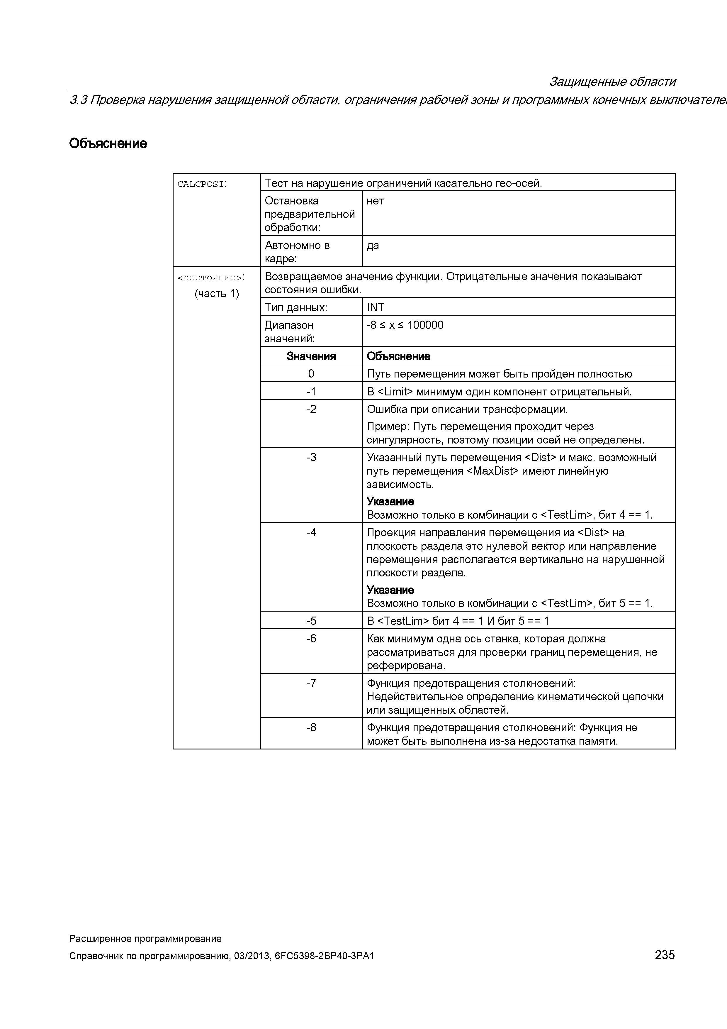 235 Защищенные области 3 3 Проверка нарушения защищенной области, ограничения рабочей зоны и программных конечных выключателе* Объяснение calcpo Руководство SIEMENS SINUMERIK 840D sl / 828D Расширенное программирование стоек числового программного управления (ЧПУ) металлорежущих станков вер. 2013 Стр. 235
