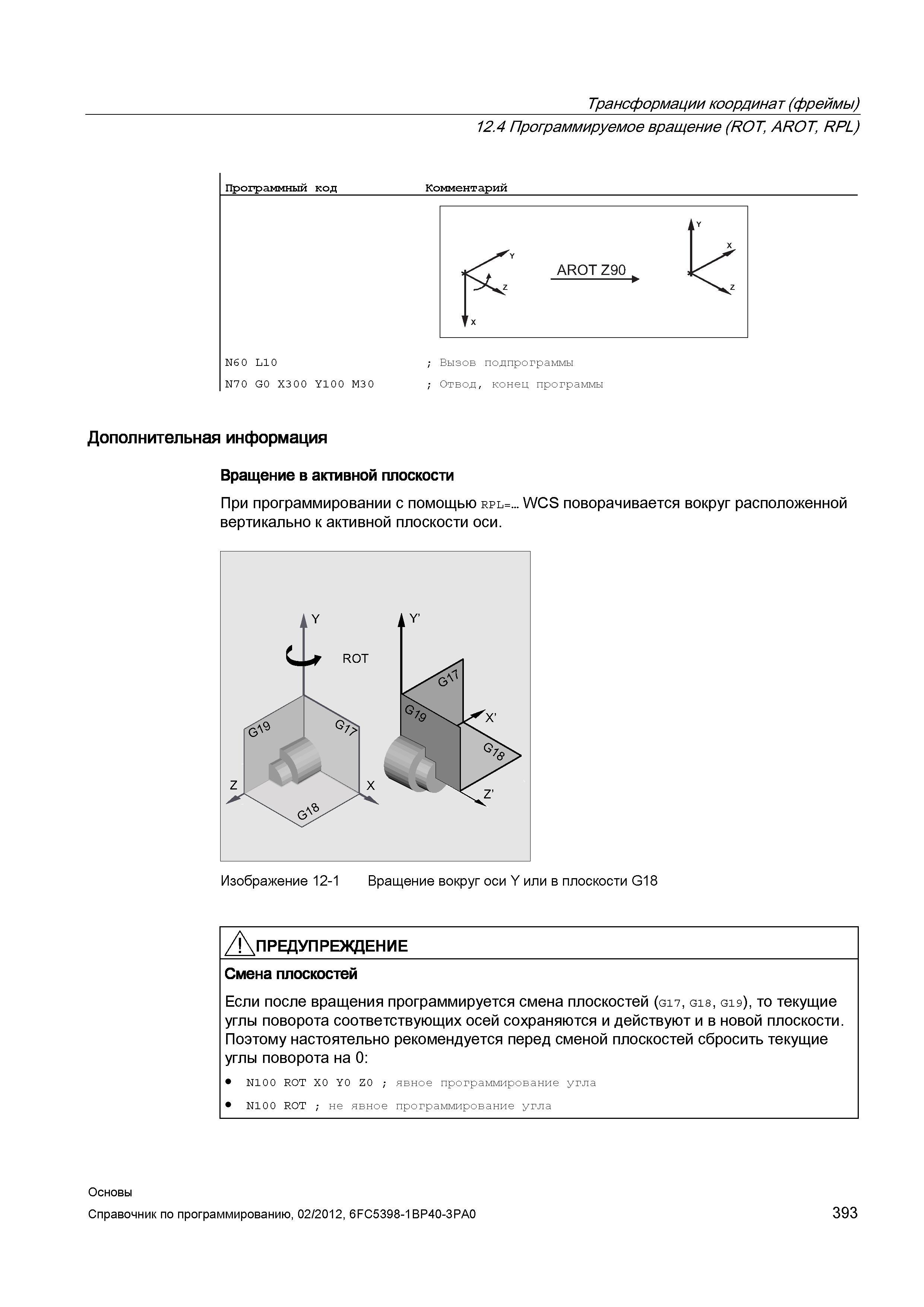 393 Программируемое вращение (ROT AROT RPL) Программный код Комментарий N60 L10 Вызов подпрограммы N70 G0 X300 Y100 M30 Отвод конец программы До Справочник SIEMENS 2012 Пользователя Основы программирования стоек ЧПУ Sinumerik 840D sl 828D Металлообрабатывающее оборудование Стр. 393