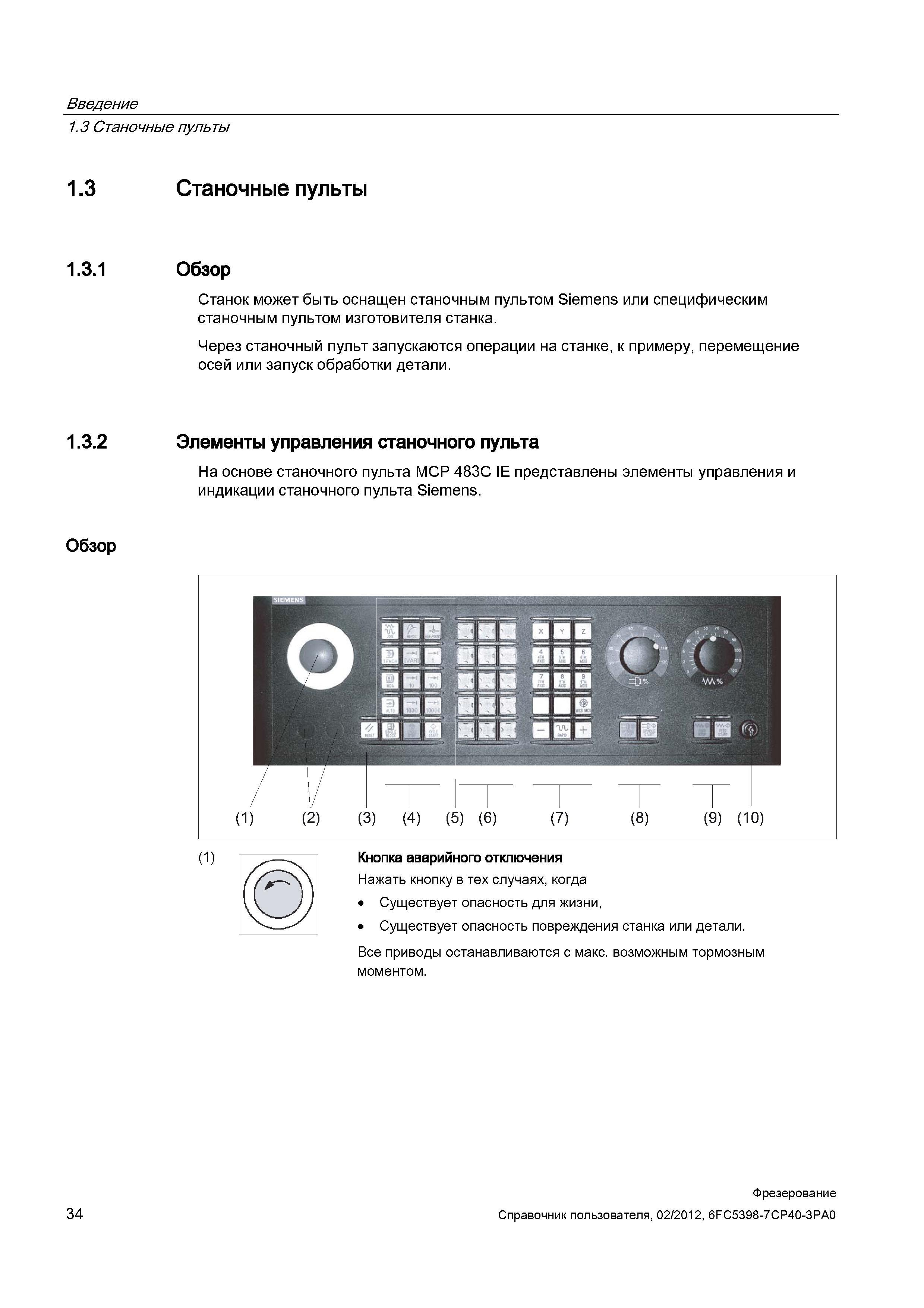 34 На основе станочного пульта MCP 483C IE представлены элементы управления и индикации станочного пульта CNC Siemens Sinumerik 840D sl Справочник пользователя SIEMENS 840D sl 828D SINUMERIK Фрезерная обработка Системы числового программного управления станками СЧПУ Версия 2012 Стр. 34