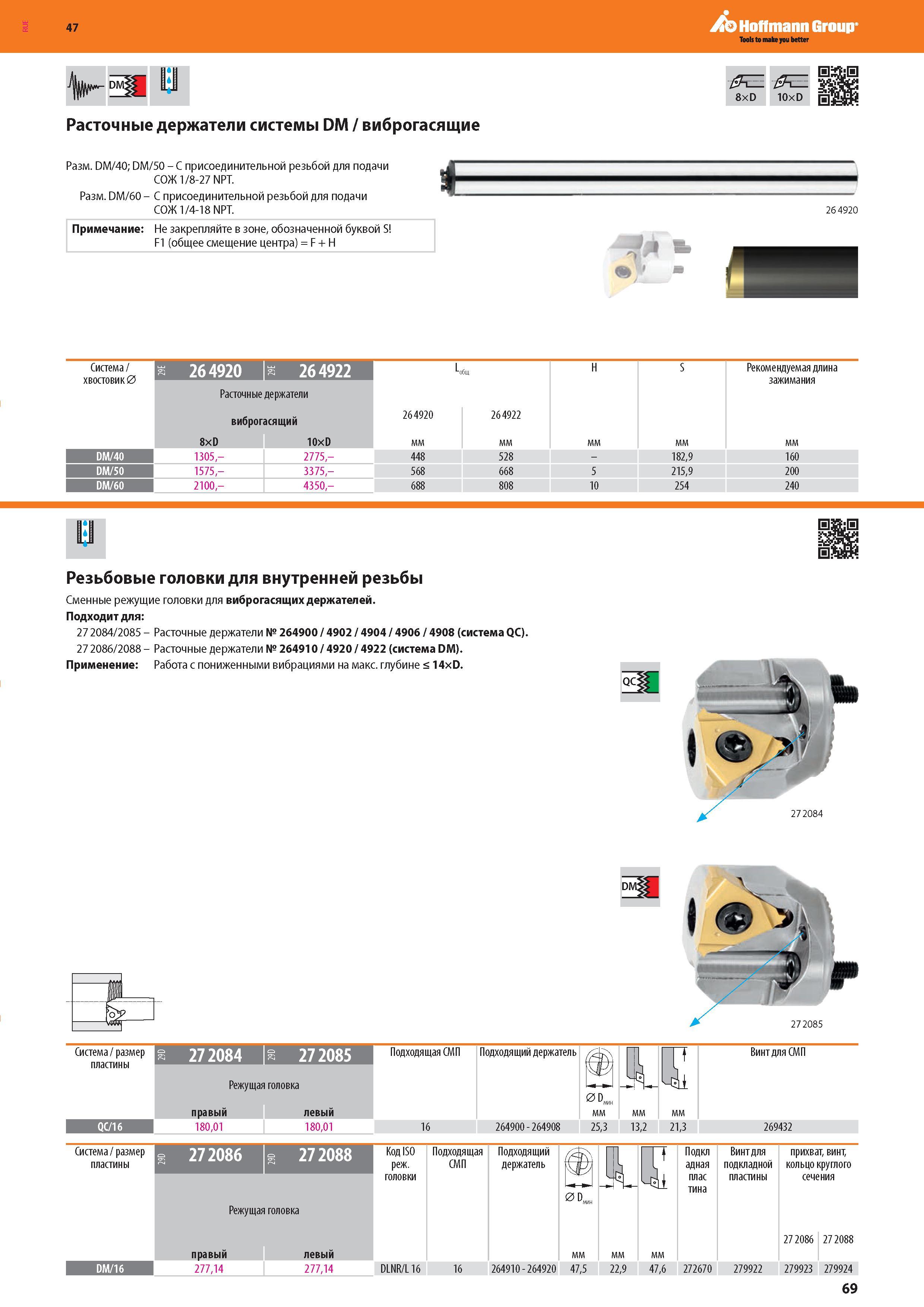 71 Hoffmann Group Расточные держатели системы DM / виброгасящие 8xD 10xD Разм DM/40; DM/50 - С присоединительной резьбой для подачи СОЖ 1/8-27 NPT Раз Каталог HOFFMANN GROUP 2016 Новинки инструмента от комплексного немецкого поставщика промышленных предприятий и сервисных мастерских Спиральные сверла Концевые твердосплавные фрезы Стр. 69