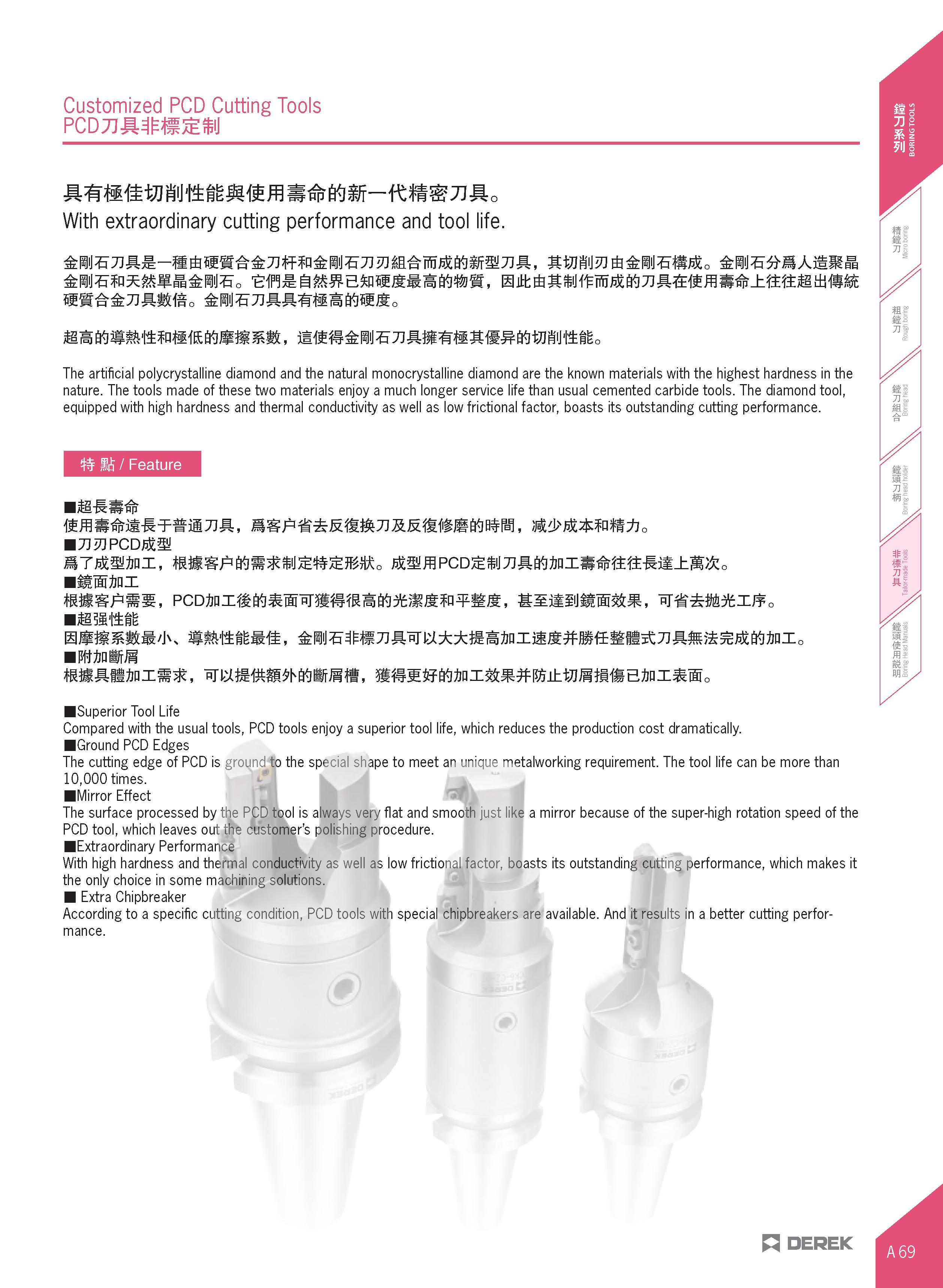 101 Customized PCD Cutting Tools PCDTUMNff ftl With extraordinary cutting performance and tool life wafiittwafficwjtaistt, Jisminm mmmmo The artifici Каталог DEREK 2017 Инструмент металлорежущий и станочная оснастка Фрезы концевые твердосплавные и с режущими сменными пластинами Резцы Державки Расточные головки  Стр. A69