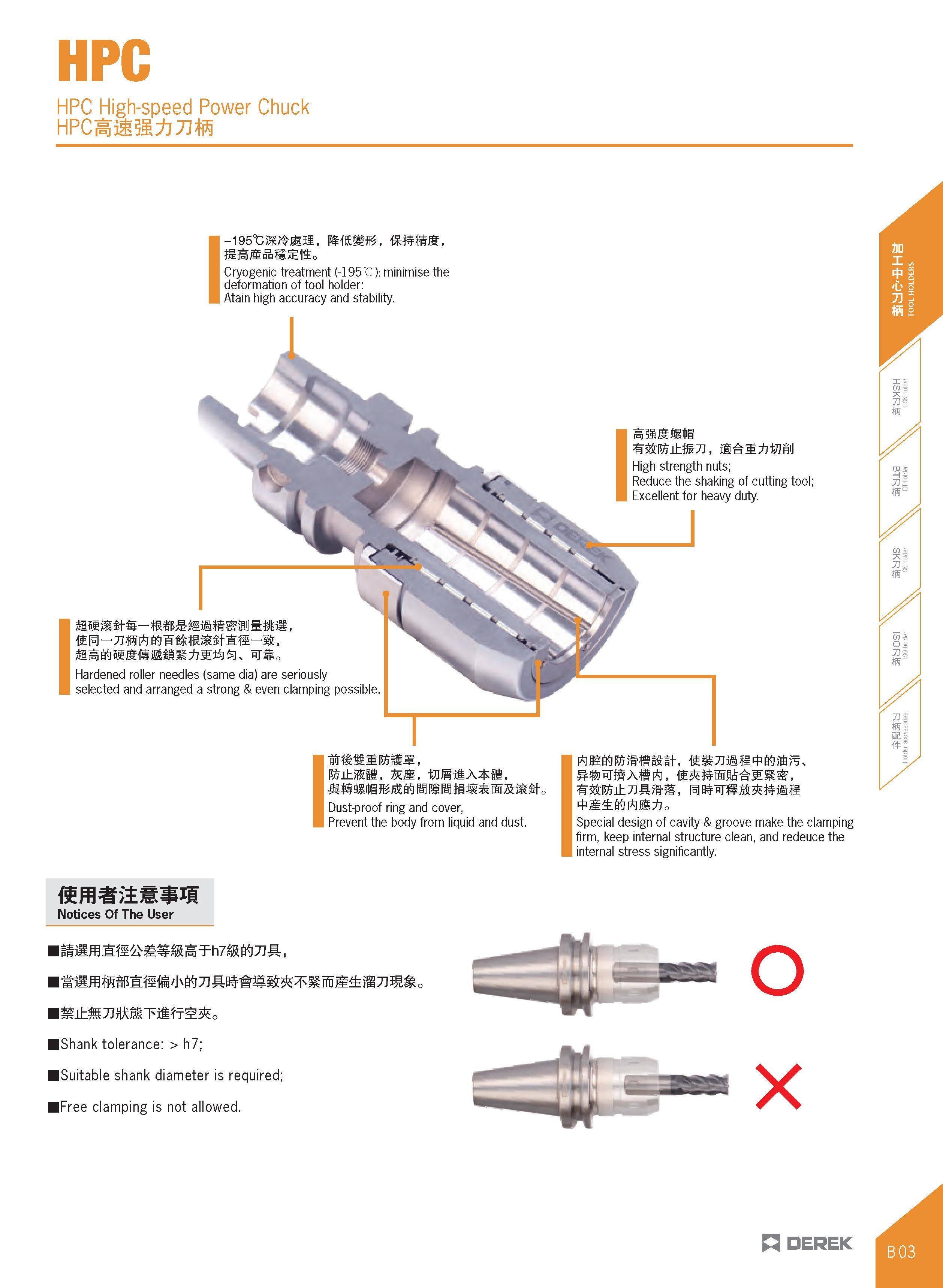 115 HPC HPC High-speed Power Chuck HPCiiii TJffi Cryogenic treatment (-195 C): minimise the deformation of tool holder: Atain high accuracy and stabi Каталог DEREK 2017 Инструмент металлорежущий и станочная оснастка Фрезы концевые твердосплавные и с режущими сменными пластинами Резцы Державки Расточные головки  Стр. B03
