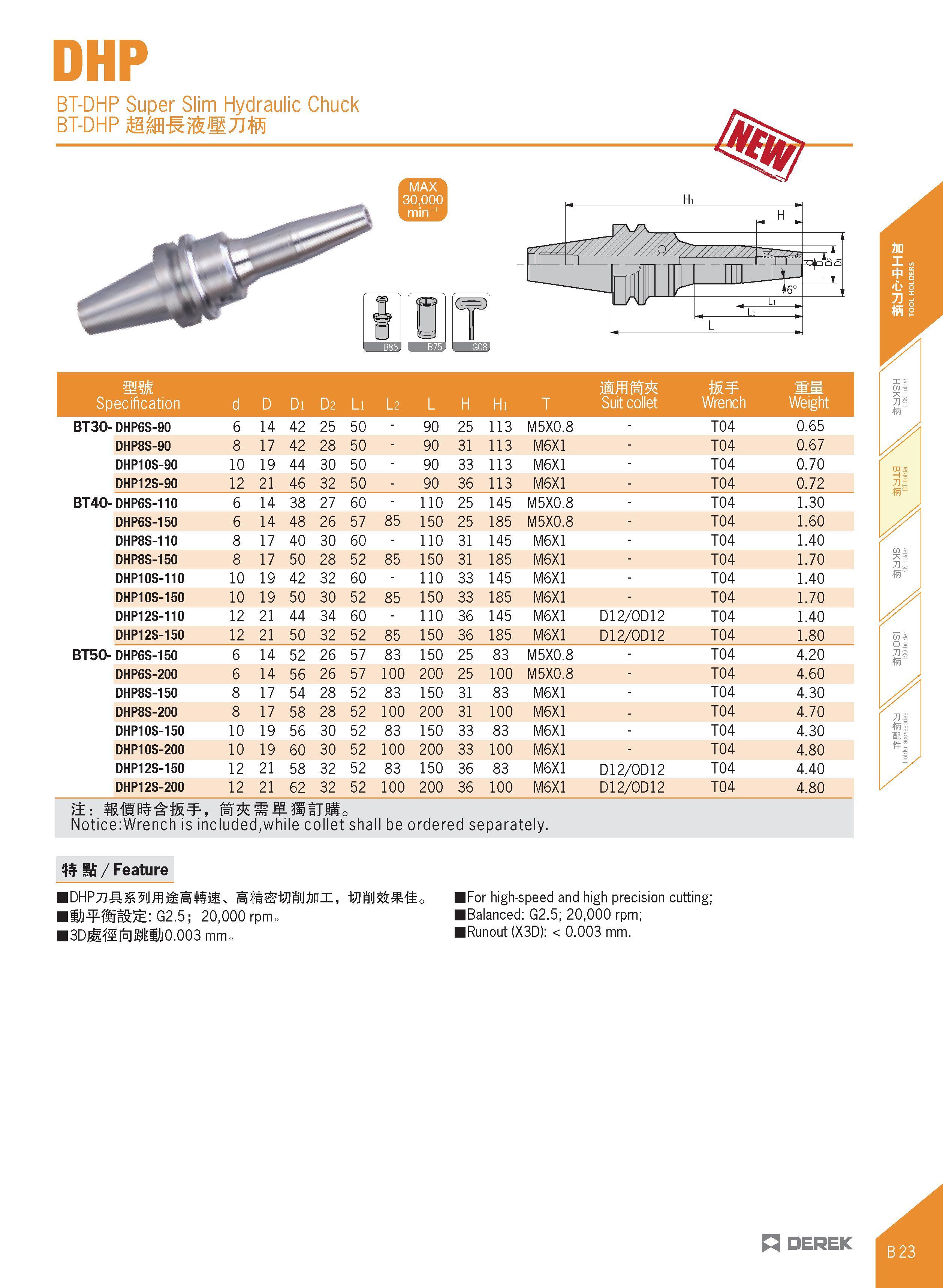 135 DHP BT-DHP Super Slim Hydraulic Chuck BT-DHP mm Specification d D Di D2 Li l 2 L H Hi T Suit collet Wrench Weight BT30- DHP6S-90 6 14 42 25 50 - Каталог DEREK 2017 Инструмент металлорежущий и станочная оснастка Фрезы концевые твердосплавные и с режущими сменными пластинами Резцы Державки Расточные головки  Стр. B23