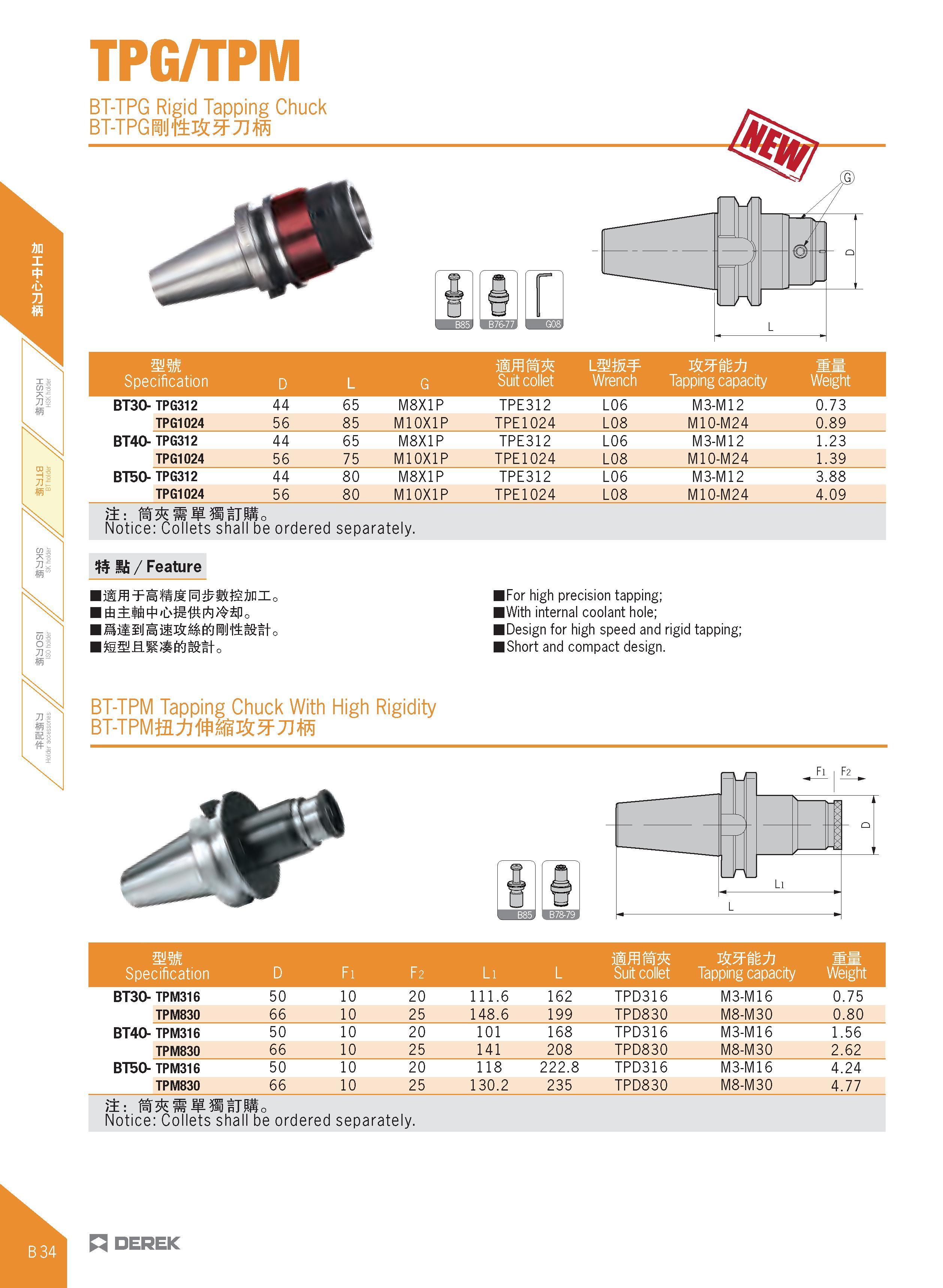 146 TPG/TPM BT-TPG Rigid Tapping Chuck msmt Baa mm Specification D L G Suit collet imm Wrench Tapping capacity 9w Weight BT30- TPG312 44 65 M8X1P TPE Каталог DEREK 2017 Инструмент металлорежущий и станочная оснастка Фрезы концевые твердосплавные и с режущими сменными пластинами Резцы Державки Расточные головки  Стр. B34
