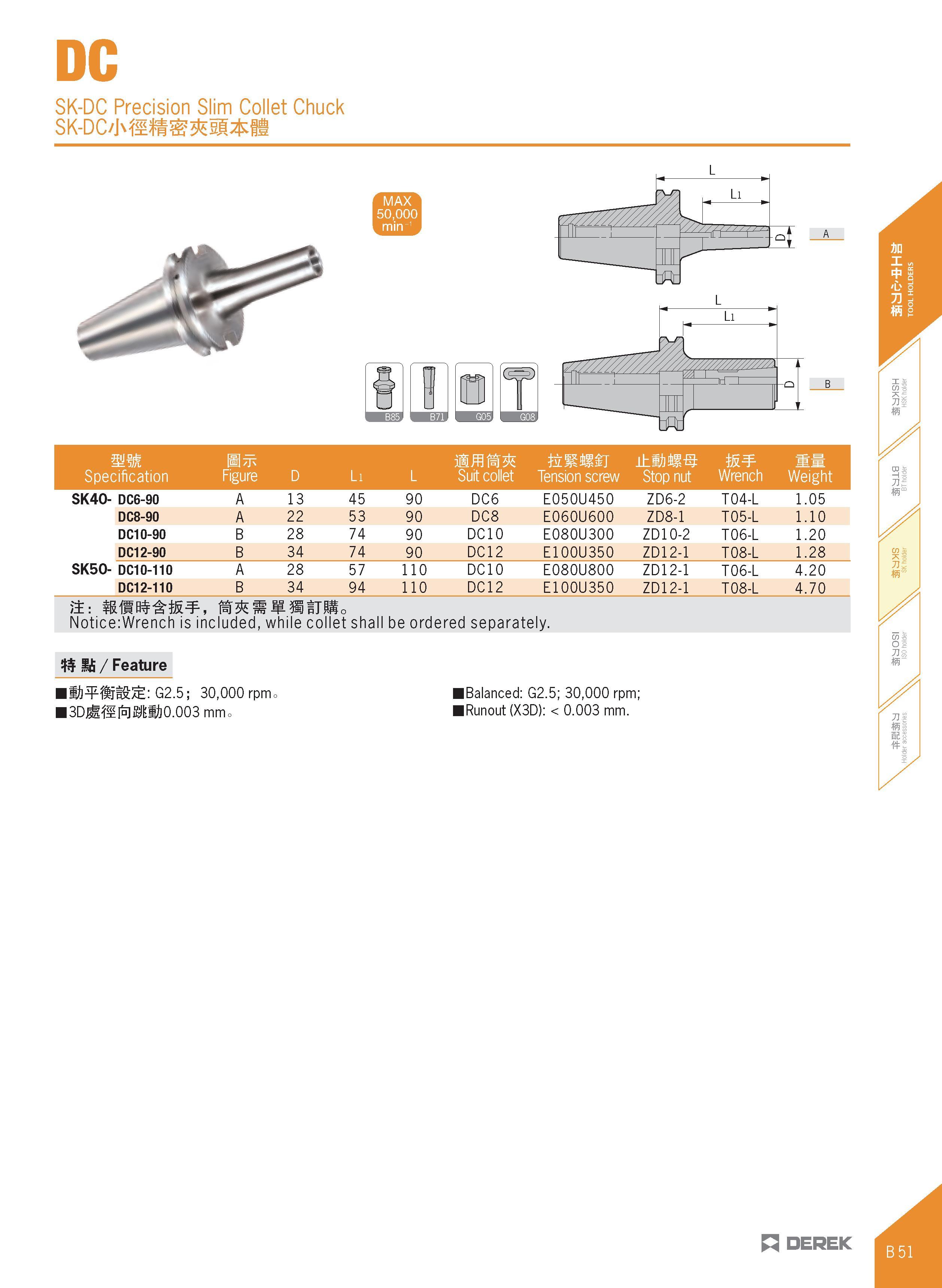 163 DC SK-DC Precision Slim Collet Chuck SK-DC/Mlft mi;fcf Specification Figure D Li L Suit collet Tension screw Stop nut Wrench Weight SK40- DC6-90 Каталог DEREK 2017 Инструмент металлорежущий и станочная оснастка Фрезы концевые твердосплавные и с режущими сменными пластинами Резцы Державки Расточные головки  Стр. B51