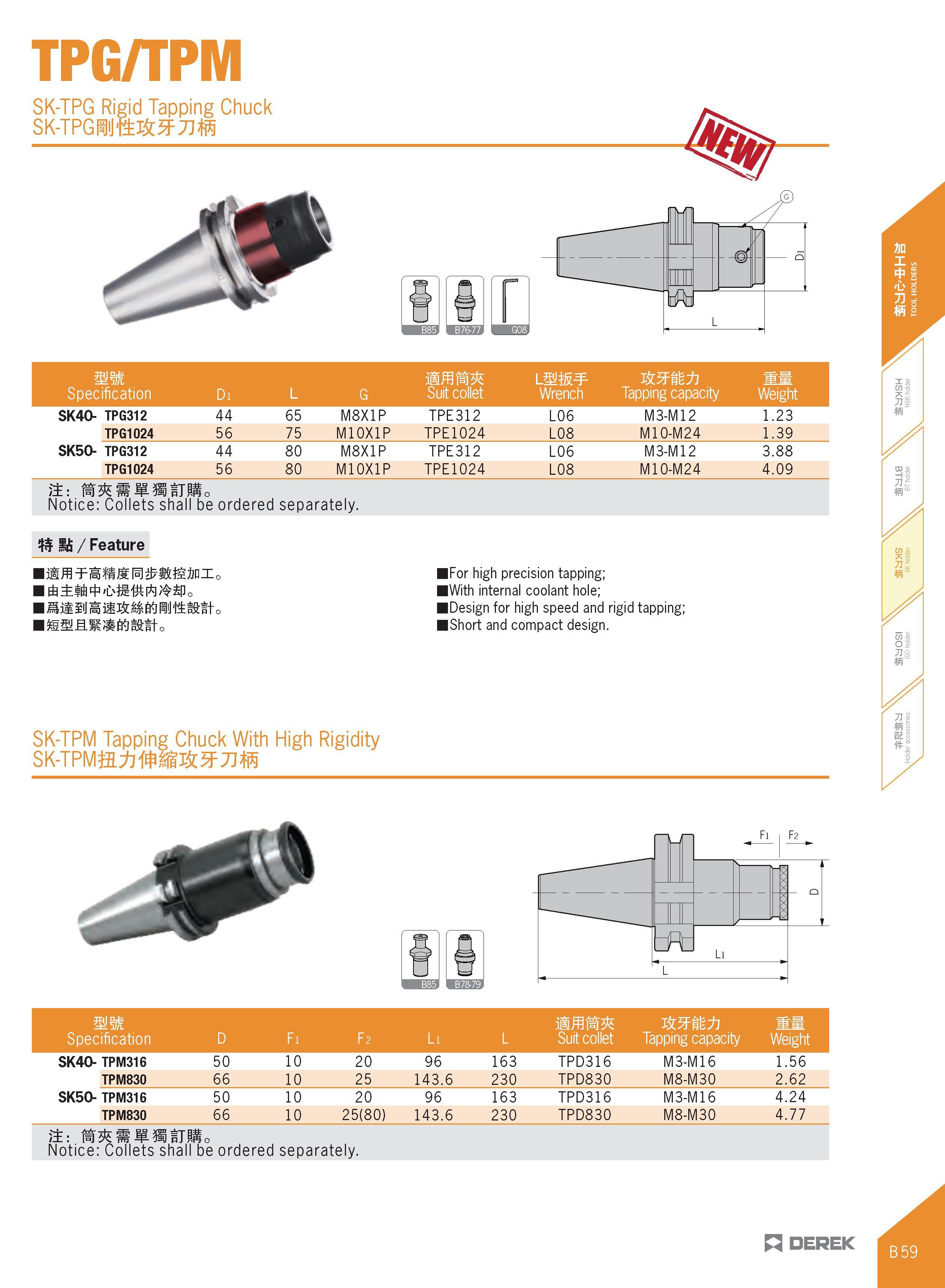 171 TPG/TPM SK-TPG Rigid Tapping Chuck SK-TPGffllltel JJffi mm Specification Di L G Suit collet mm Wrench Tapping capacity Ww Weight SK40- TPG312 44 Каталог DEREK 2017 Инструмент металлорежущий и станочная оснастка Фрезы концевые твердосплавные и с режущими сменными пластинами Резцы Державки Расточные головки  Стр. B59