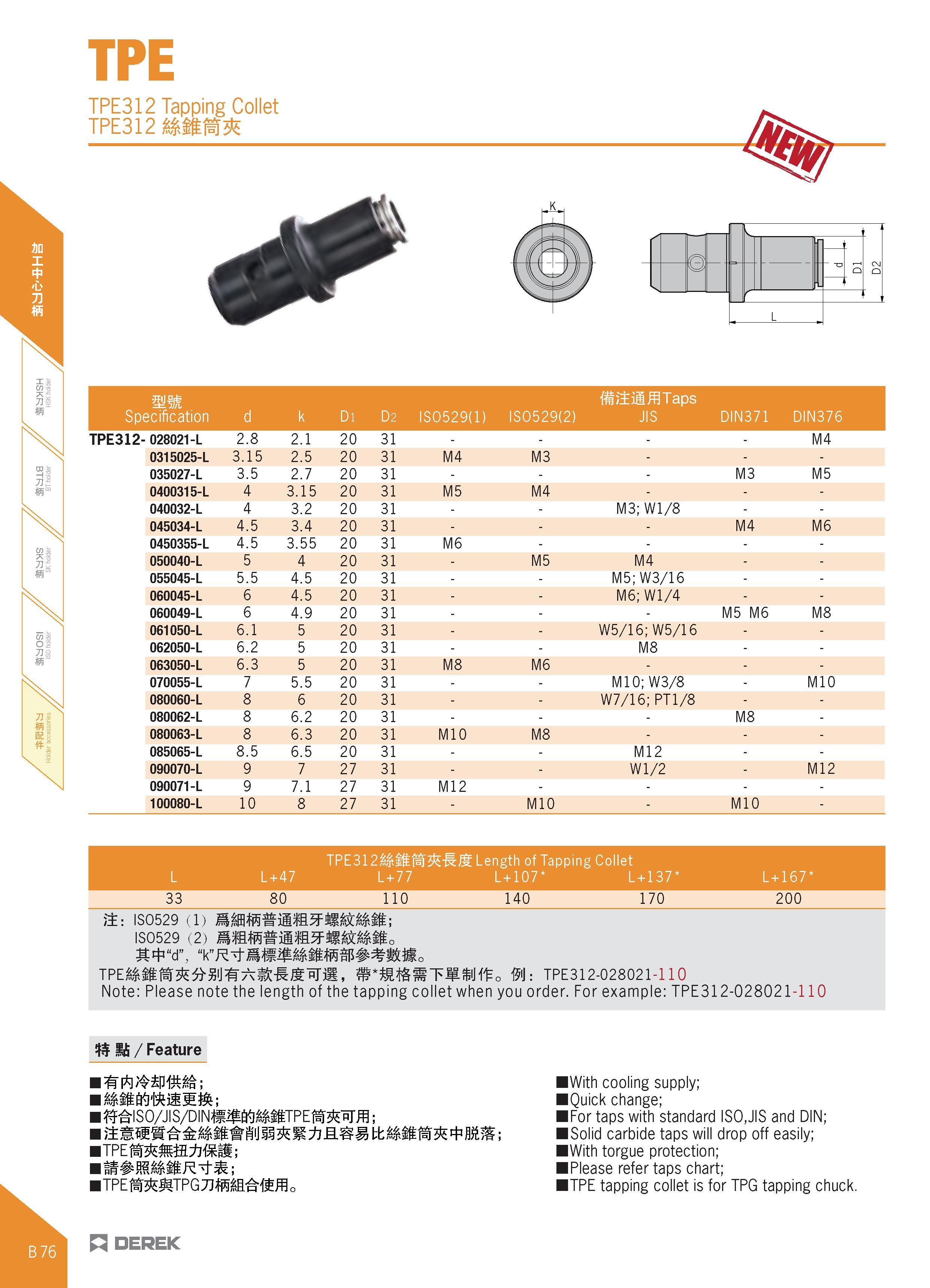 188 TPE TPE312 Tapping Collet TPE312 fitj±iIfflTaps Specification d k Di D2 IS0529(1) IS0529(2) JIS DIN371 DIN376 TPE312- 028021-L 2 8 2 1 20 31 M4 0 Каталог DEREK 2017 Инструмент металлорежущий и станочная оснастка Фрезы концевые твердосплавные и с режущими сменными пластинами Резцы Державки Расточные головки  Стр. B76