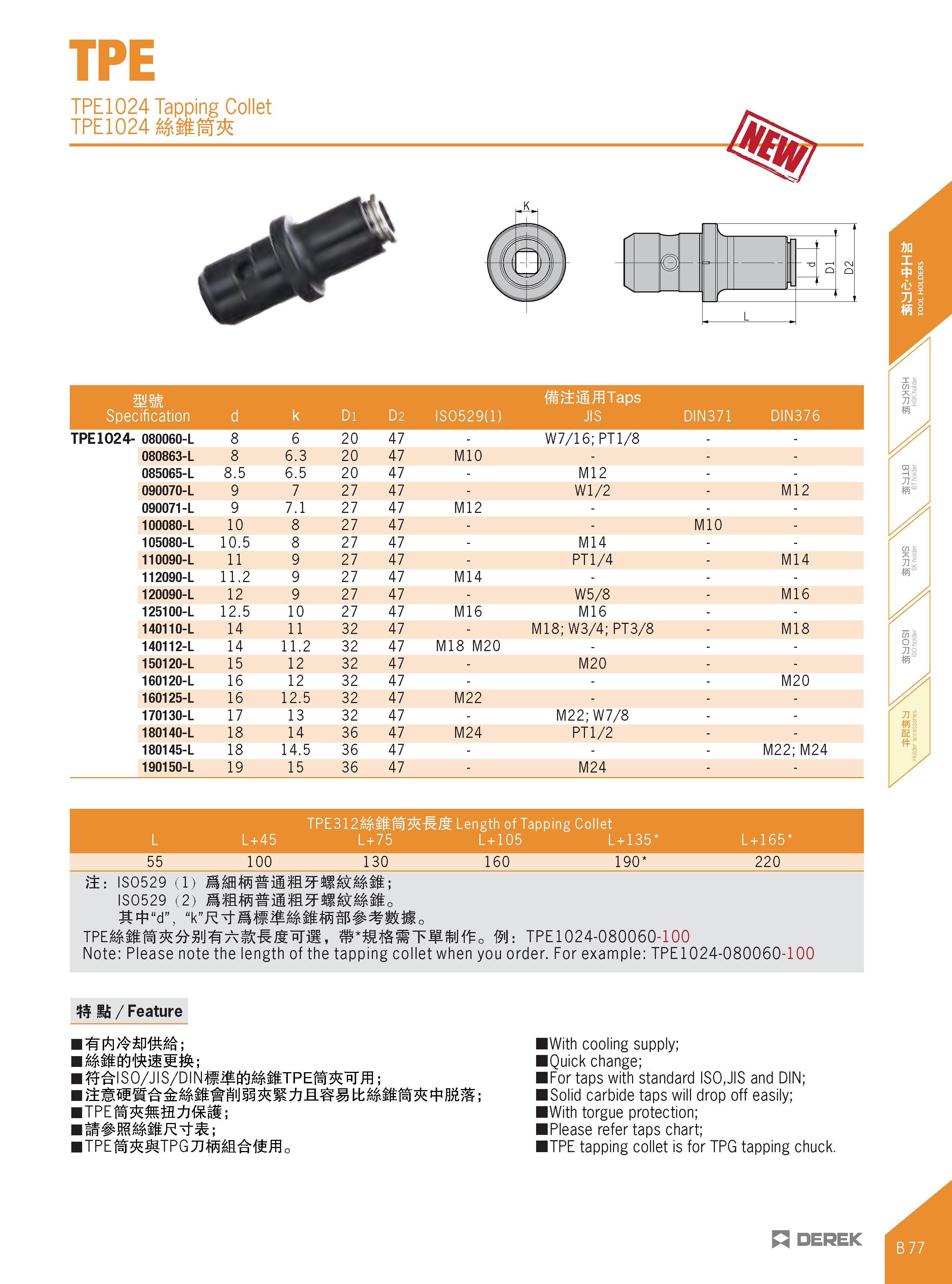 189 TPE TPE1024 Tapping Collet TPE1024 &ffm + ,k n - TD J O D2 „ L mm Specification d k Di D2 IS0529(1) fitj±iifflTaps JIS DIN371 DIN376 TPE 1024- 08 Каталог DEREK 2017 Инструмент металлорежущий и станочная оснастка Фрезы концевые твердосплавные и с режущими сменными пластинами Резцы Державки Расточные головки  Стр. B77
