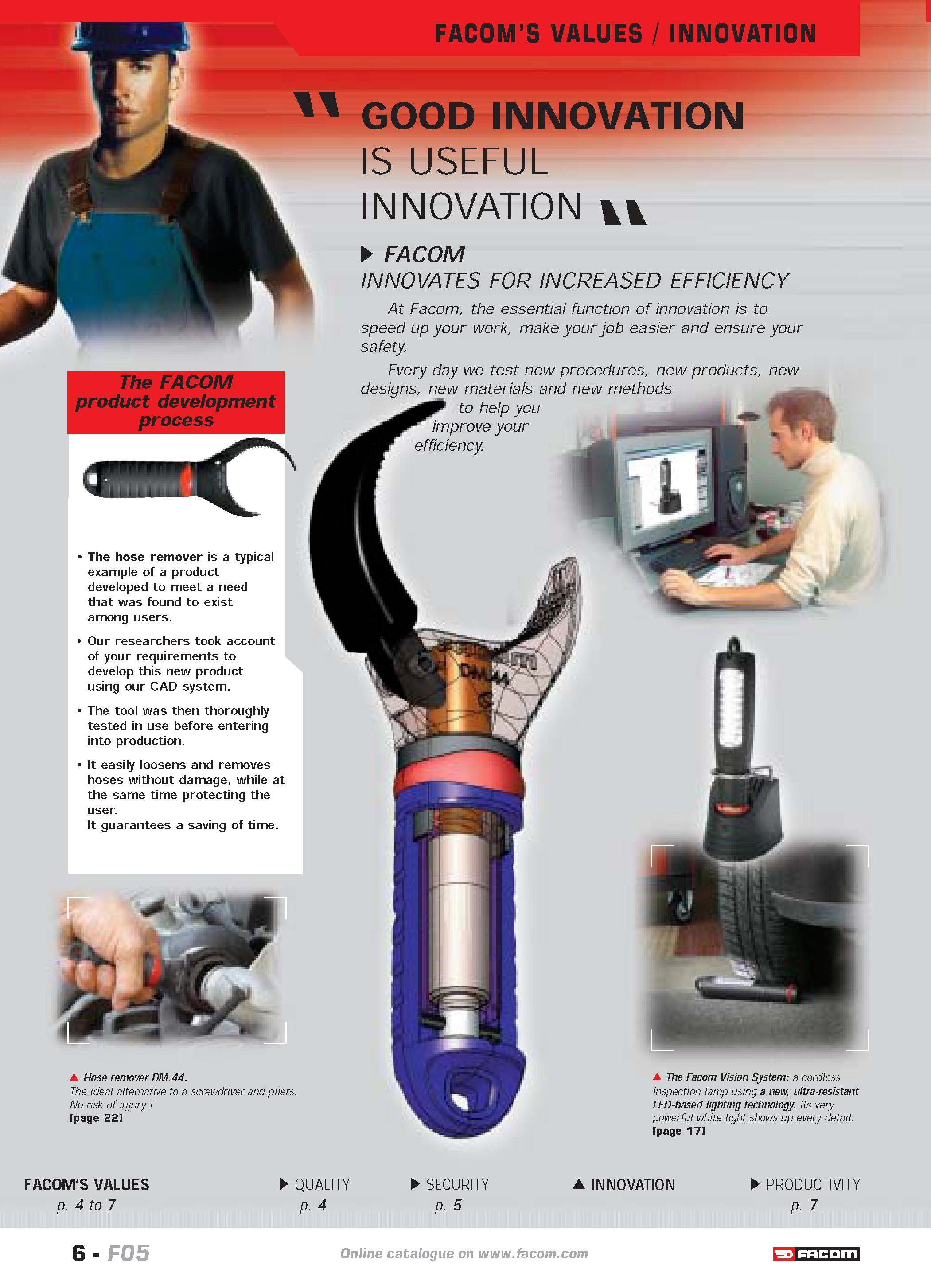 10 FACOMS VALUES INNOVATION The FACOM product development process GOOD INNOVATION IS USEFUL INNOVATION w FACOM INNOVATES FOR INCREASED EFFICIENCY At Каталог FACOM 2005 Профессиональный ручной инструмент и специальное оборудование для предприятий и мастерских Стр. 6 ENG