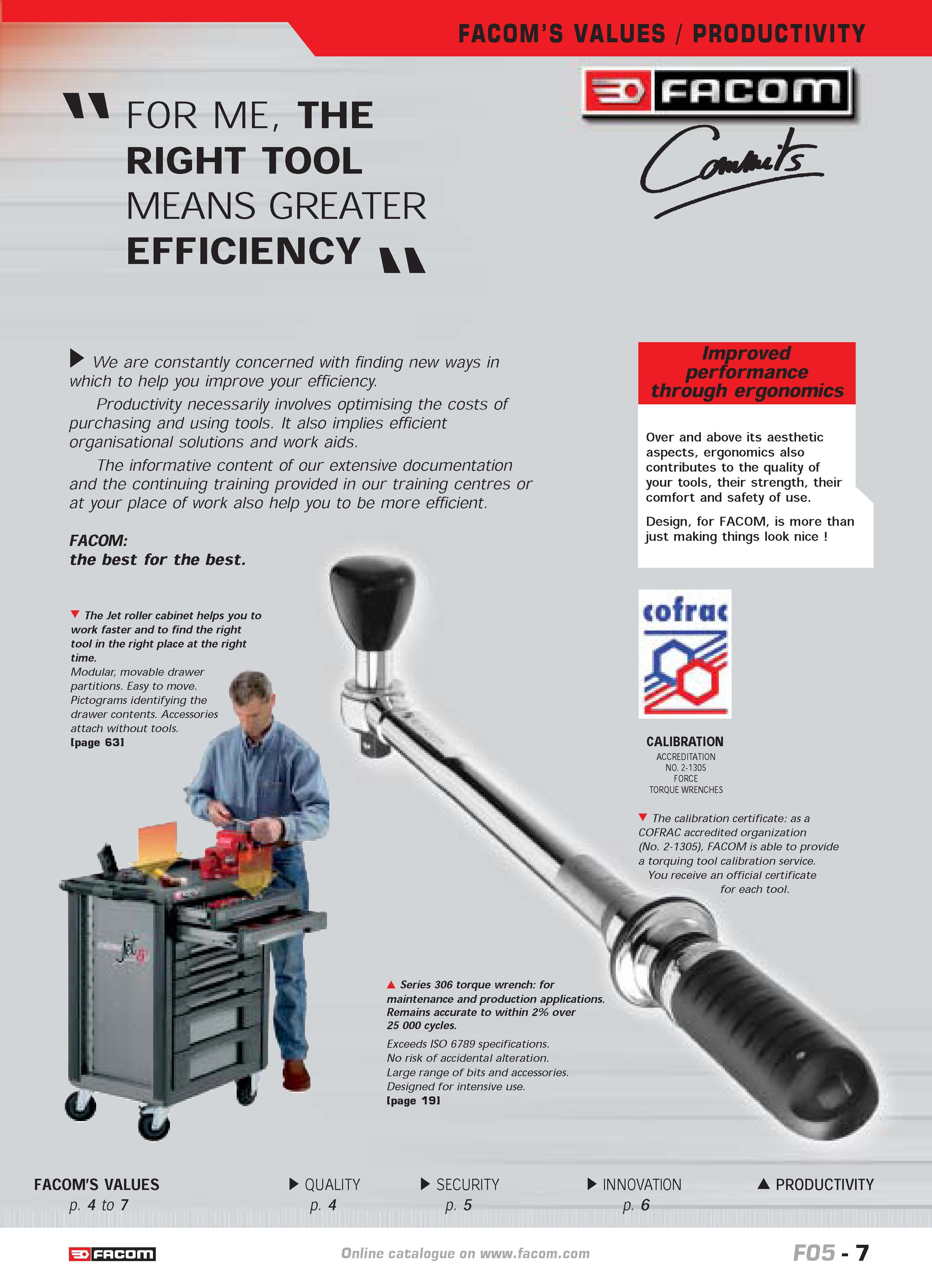 11 FACOMS VALUES PRODUCTIVITY FOR ME THE RIGHT TOOL MEANS GREATER EFFICIENCY VV We are constantly concerned with finding new ways in which to help y Каталог FACOM 2005 Профессиональный ручной инструмент и специальное оборудование для предприятий и мастерских Стр. 7 ENG