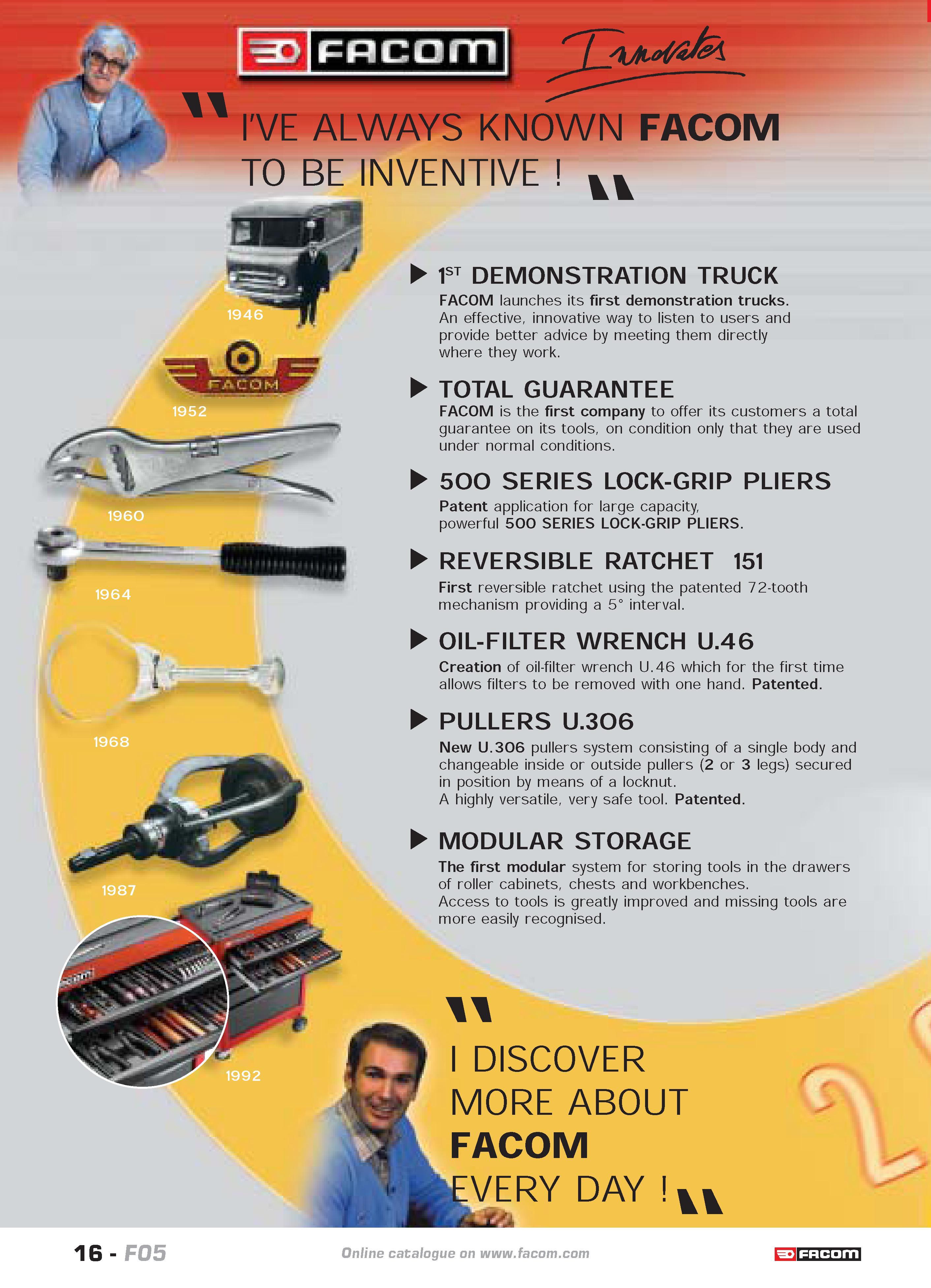 20 ALWAYS KNOWN FACOM TO BE INVENTIVE vv 1st demonstration truck FACOM launches its first demonstration trucks An effective innovative way to listen Каталог FACOM 2005 Профессиональный ручной инструмент и специальное оборудование для предприятий и мастерских Стр. 16 ENG