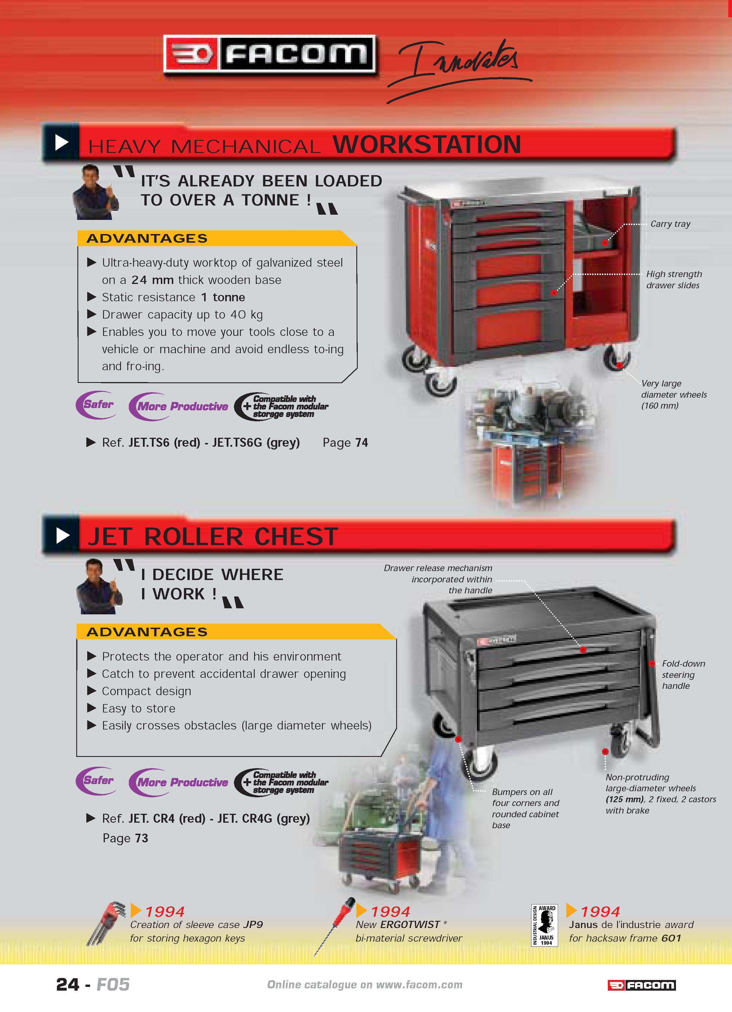 28 HEAVY MECHANICAL WORKSTATION A H IT'S ALREADY BEEN LOADED TO OVER A TONNE VV ADVANTAGES Ultra-heavy-duty worktop of galvanized steel on a 24 mm t Каталог FACOM 2005 Профессиональный ручной инструмент и специальное оборудование для предприятий и мастерских Стр. 24 ENG