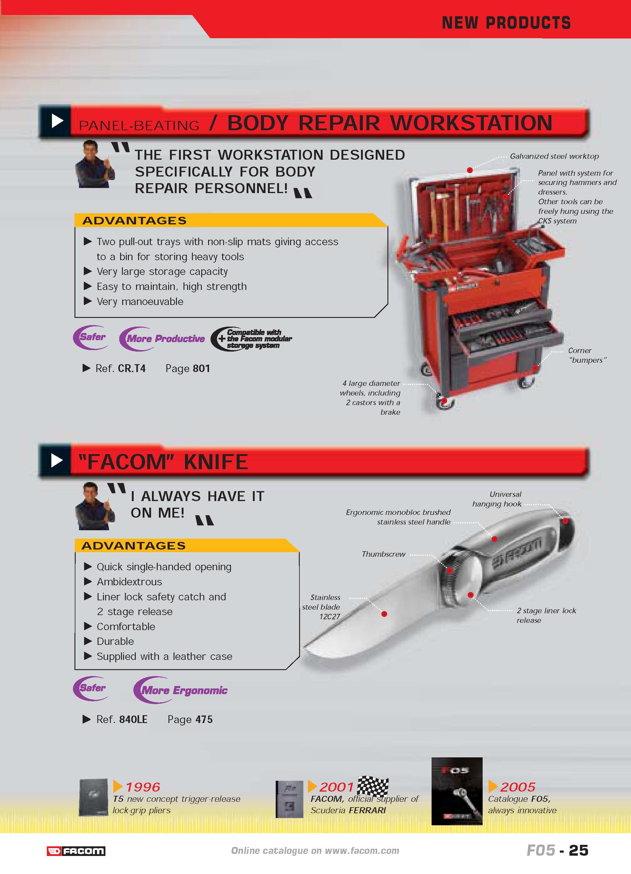 29 NEW PRODUCTS PANEL-BEATING BODY REPAIR WORKSTATION THE FIRST WORKSTATION DESIGNED SPECIFICALLY FOR BODY REPAIR PERSONNEL VV ADVANTAGES Two pull-o Каталог FACOM 2005 Профессиональный ручной инструмент и специальное оборудование для предприятий и мастерских Стр. 25 ENG
