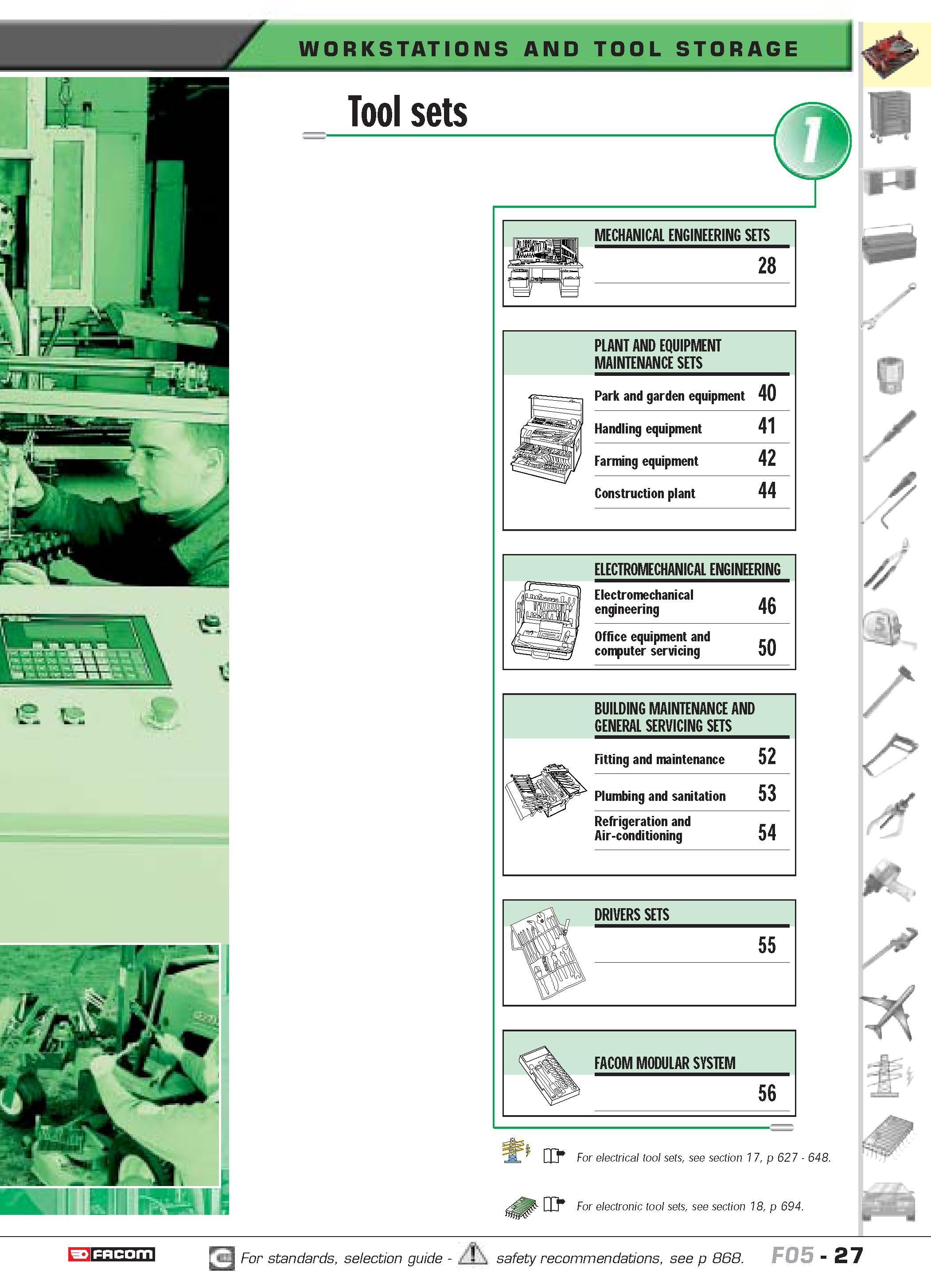 31 WORKSTATIONS AND TOOL STORAGE Tool sets MECHANICAL ENGINEERING SETS man 8 2 Tl PLANT AND EQUIPMENT MAINTENANCE SETS Park and garden equipment 40 Каталог FACOM 2005 Профессиональный ручной инструмент и специальное оборудование для предприятий и мастерских Стр. 27 ENG