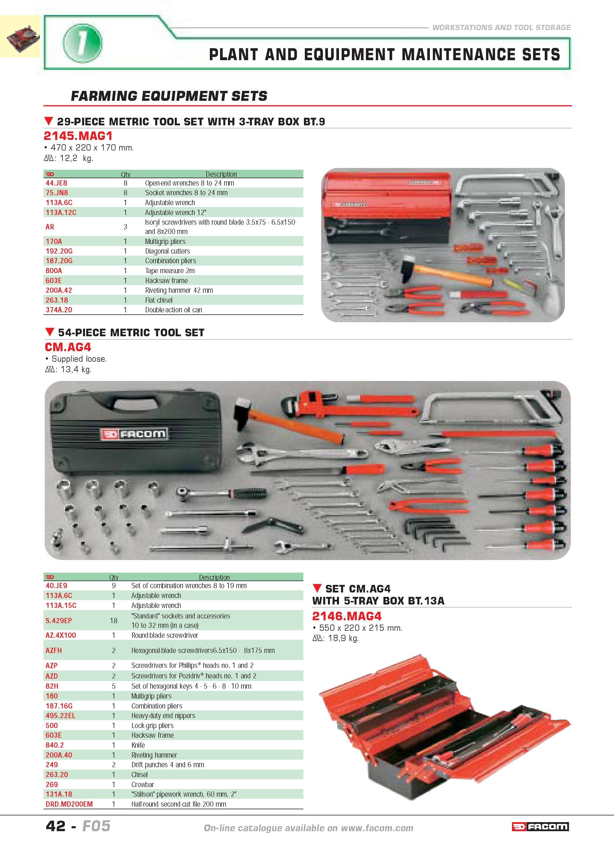 46 WORKSTATIONS AND TOOL STORAGE PLANT AND EQUIPMENT MAINTENANCE SETS FARMING EQUIPMENT SETS 29-PIECE METRIC TOOL SET WITH 3-TRAY BOX BT 9 2145 MAG1 Каталог FACOM 2005 Профессиональный ручной инструмент и специальное оборудование для предприятий и мастерских Стр. 42 ENG