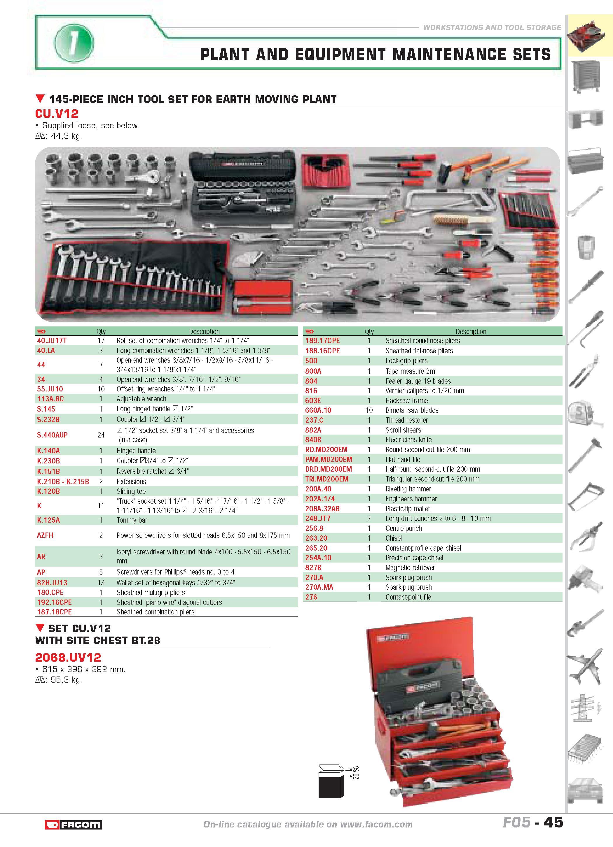 49 40 JU17T 17 Roll set of combination wrenches 1/4 to 1 1/4 40 LA 3 Long combination wrenches 1 1 8 1 5 16 and 1 3/8 44 7 Open-end wrenches 3 8x7 1 Каталог FACOM 2005 Профессиональный ручной инструмент и специальное оборудование для предприятий и мастерских Стр. 45 ENG