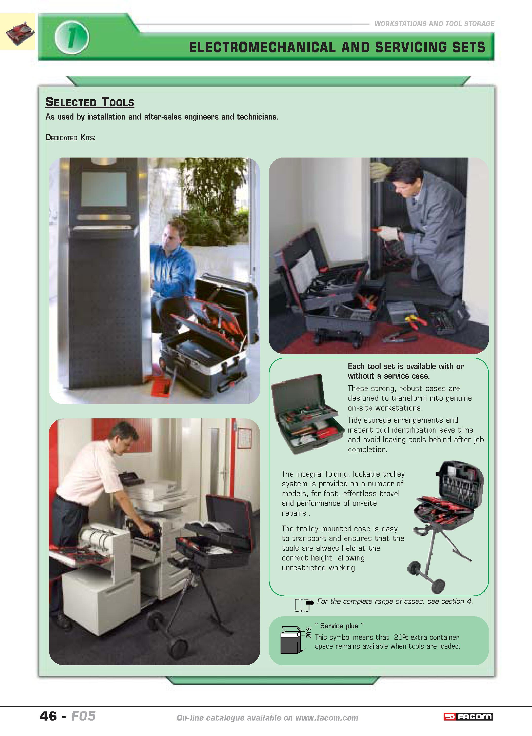 50 WORKSTATIONS AND TOOL STORAGE ELECTROMECHANICAL AND SERVICING SETS Selected Tools As used by installation and after-sales engineers and technicia Каталог FACOM 2005 Профессиональный ручной инструмент и специальное оборудование для предприятий и мастерских Стр. 46 ENG